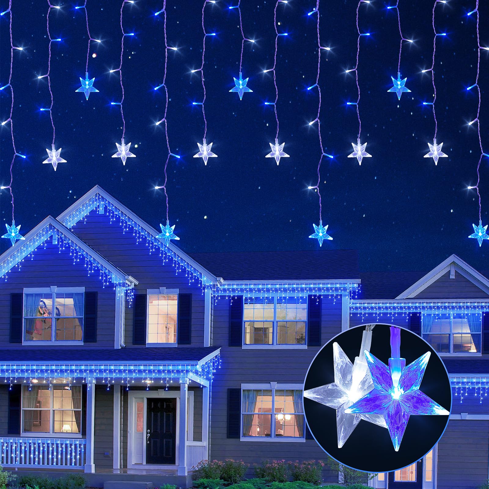 oopswow Icicle Lights Outdoor,16.5FT 200 LED Curtain Fairy Lights,40 Drops 8 Modes with Timer Icicle Star Lights,Hanging Led String Lights for