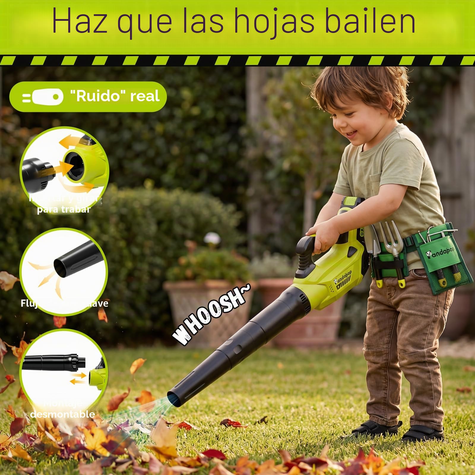 Pandapop 2 In 1 Herramientas Juguete, Desbrozadora Juguete con Luces, Soplador De Hojas con Efectos De Sonido, Herramientas Niños 3 Años con Cinturón De Herramientas Y Guantes