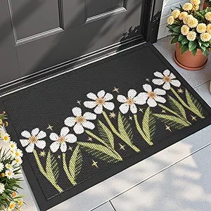 DEXI Front Door Mat Outside Entrance, 17x30 Spring Entryway Doormat Dirt Trapper, Heavy Duty Non Slip Entry Mats for Patio Garage Porch Home Decorative, Black