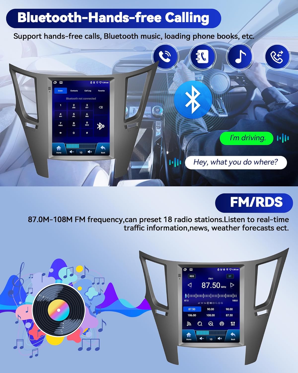 Bluetooth hands-free calling and FM/RDS radio interface on the car stereo.