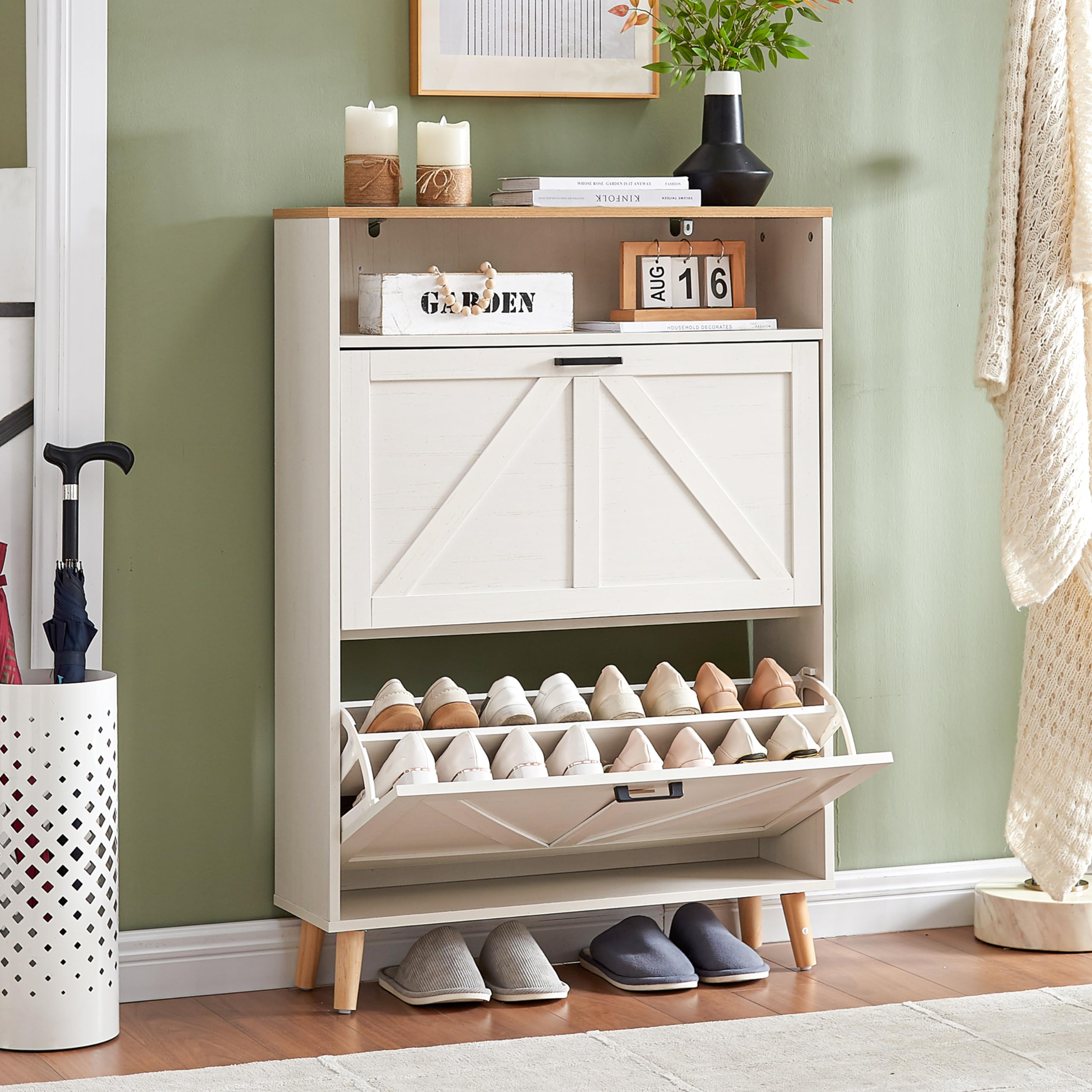 Shoe Storage Cabinet for Entryway with 2 Flip Drawers, Farmhouse Narrow Shoe Rack Organizer Cabinet, Wooden Slim Hidden Shoe Cabinet for Front Door Entrance Entry Way Hallway, White