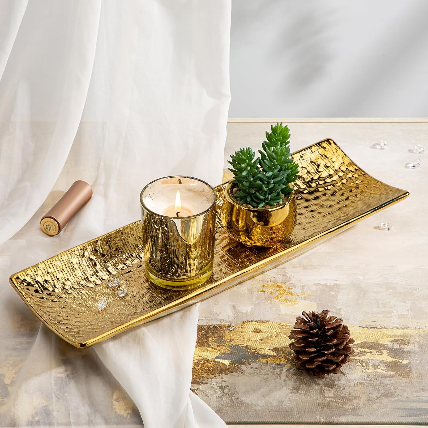 Hollyone Plant Tray Saucer Decor Gold Metal Ceramic 16inch Rectangular Planter Pot Wire-Drawing Plant Saucer Tray Rectangular Indoor Outdoor Plant Flower Decorative Trays for Pots