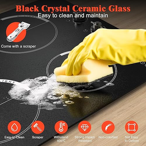 Vista 6 de Placa de Cocción Eléctrica de 24 Pulgadas - 4 Quemadores Empotrada de Cerámica de Vidrio 6000W, 220-240V Estufa Eléctrica Control Táctil