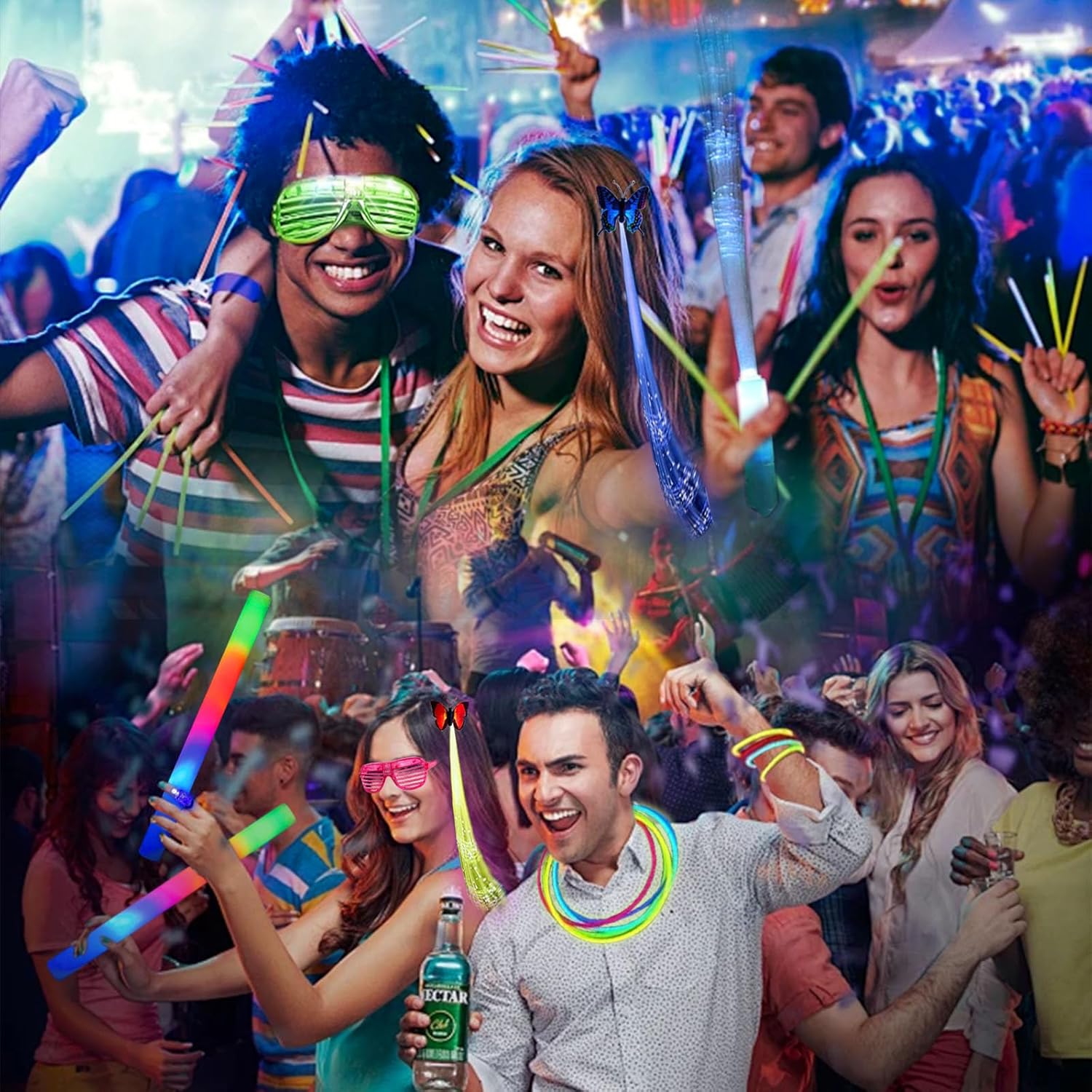 328 PCS Glow in The Dark Party Supplies, 200 Glow Sticks, 18 LED Glasses, 18 Foam Foam Sticks 18 Fiber Optic Wands, 18 LED Hair Clips, 8 Connectors for Neon Party, Wedding, Birthday, Concert, Raves