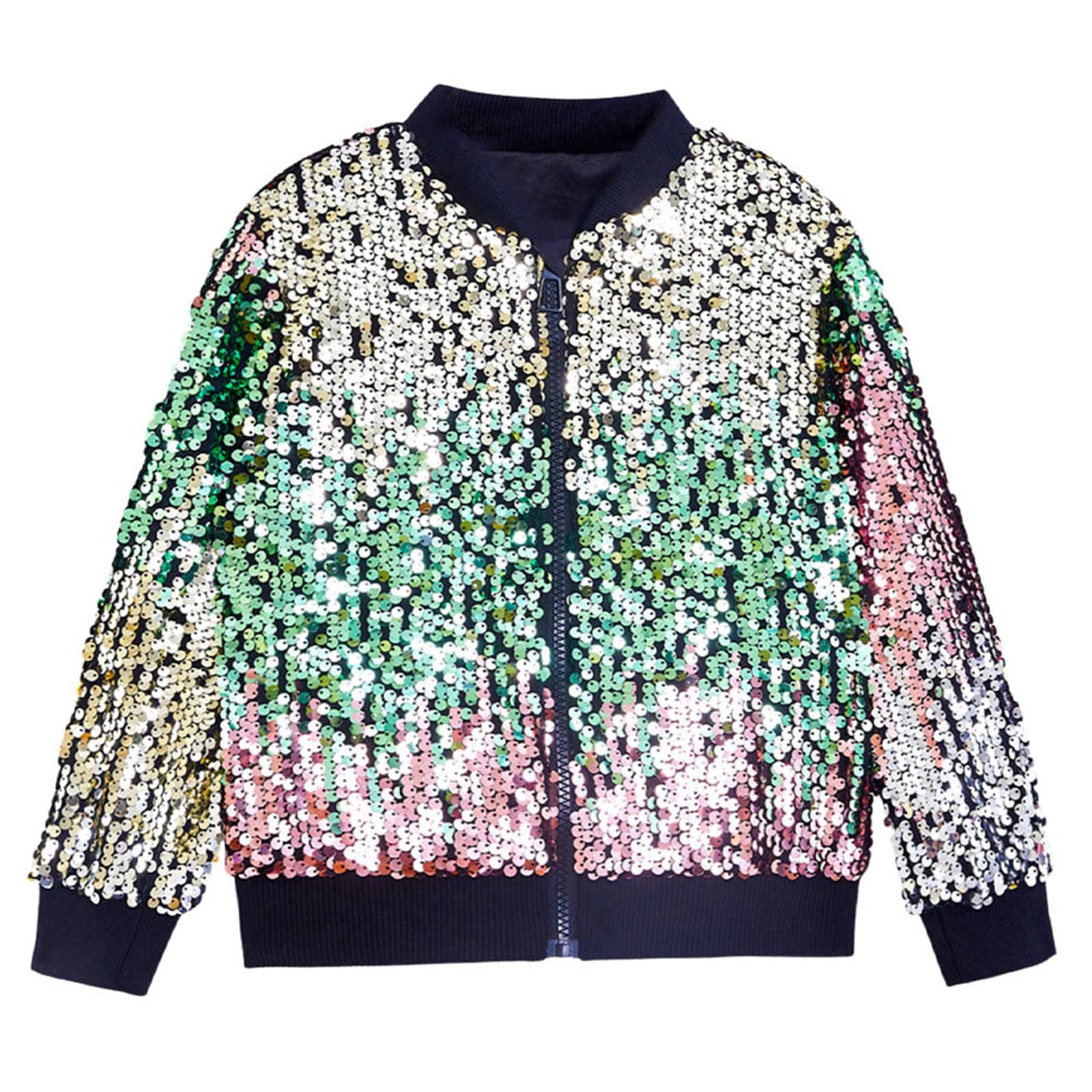 Giacca con paillettes scintillanti, con cerniera, tinta unita, a maniche lunghe, abbigliamento festivo per bambini, per Natale, occasioni speciali, cappotto corto alla moda dal design elegante (verde