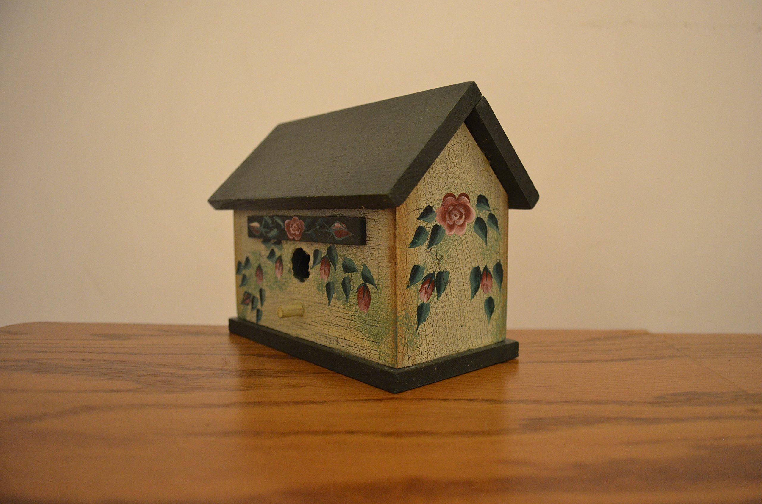 Wood Standing Decoration Birdhouse with Painted Pink Roses and Green Vines on Antique Chipped White Paint. Measurements Are 3 1/4 X 5 3/8 X 4 3/8