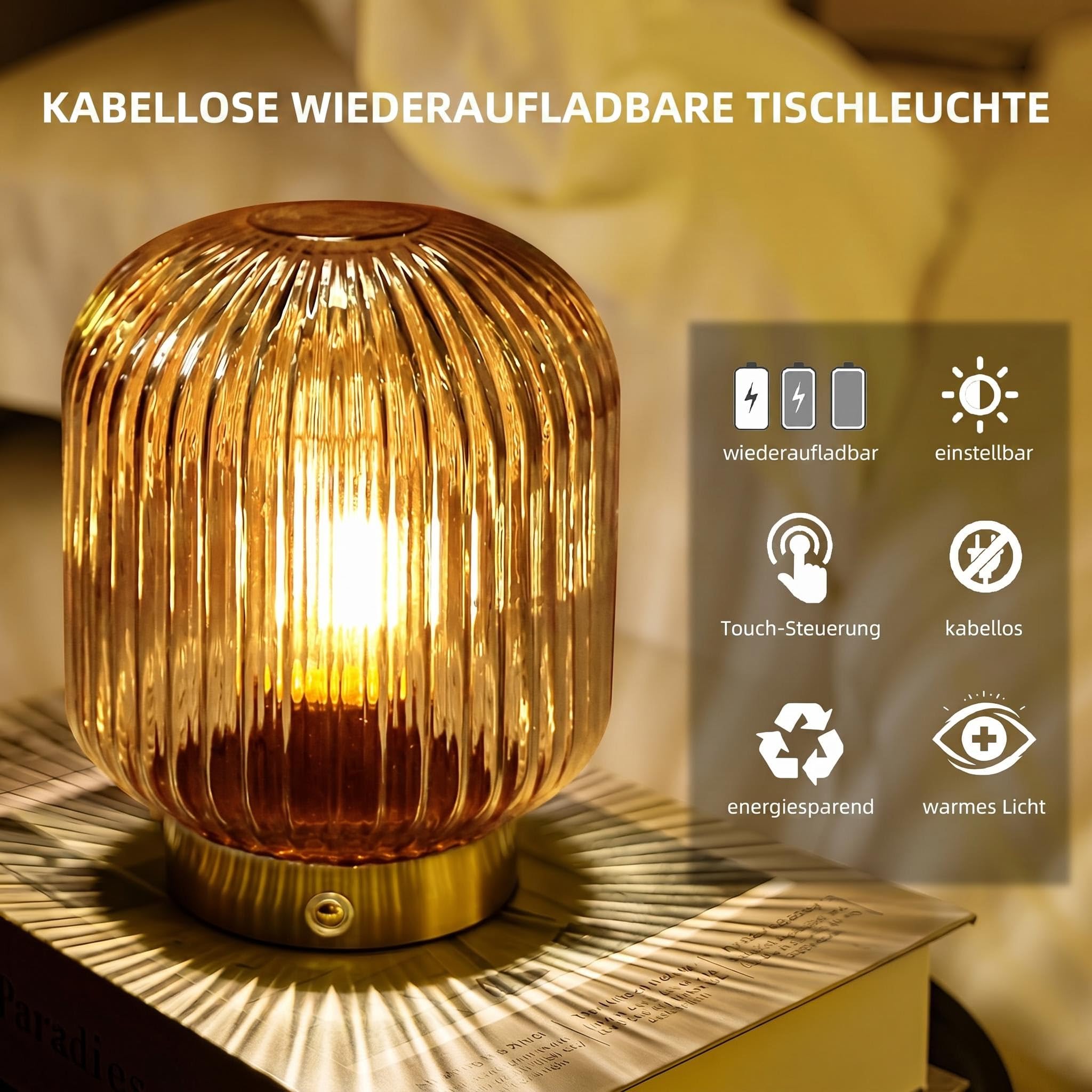 MJ PREMIER LED Tischleuchte Kabellose Gelb, Typ-C Wiederaufladbare Glas Lampe, Touch Dimmbar mit Helligkeitsspeicher, Tragbare Notlampe für Schlafzimmer Wohnzimmer, Modernes Dekorationsgeschenk
