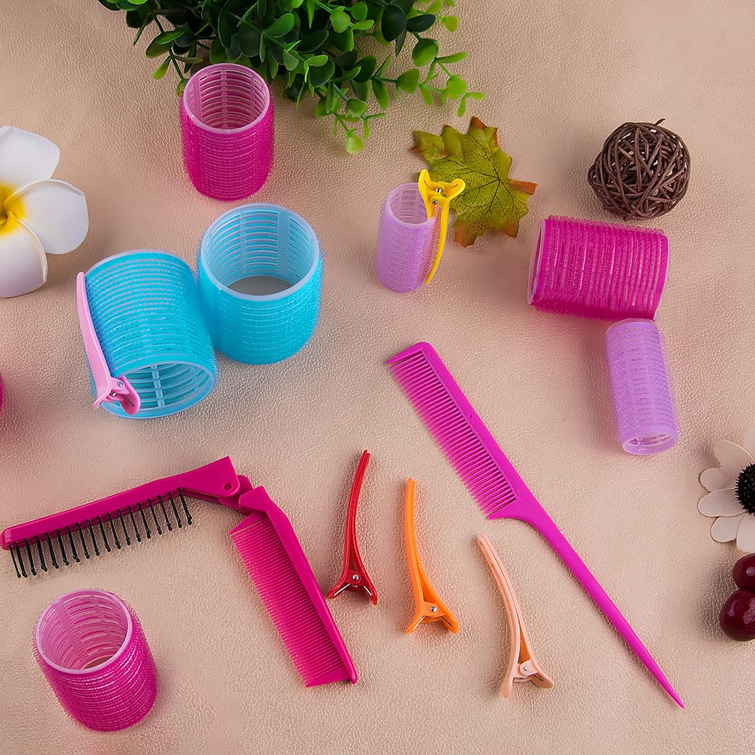 SIQUK 50 Pcs Self Grip Hair Rollers and Clips Set Including 36 Pcs Hair Rollers 12 Pcs Colorful Plastic Alligator Clips a Foldable Pocket Comb and a Tail Comb for Women and Girls(3 Colors, 3 Sizes)