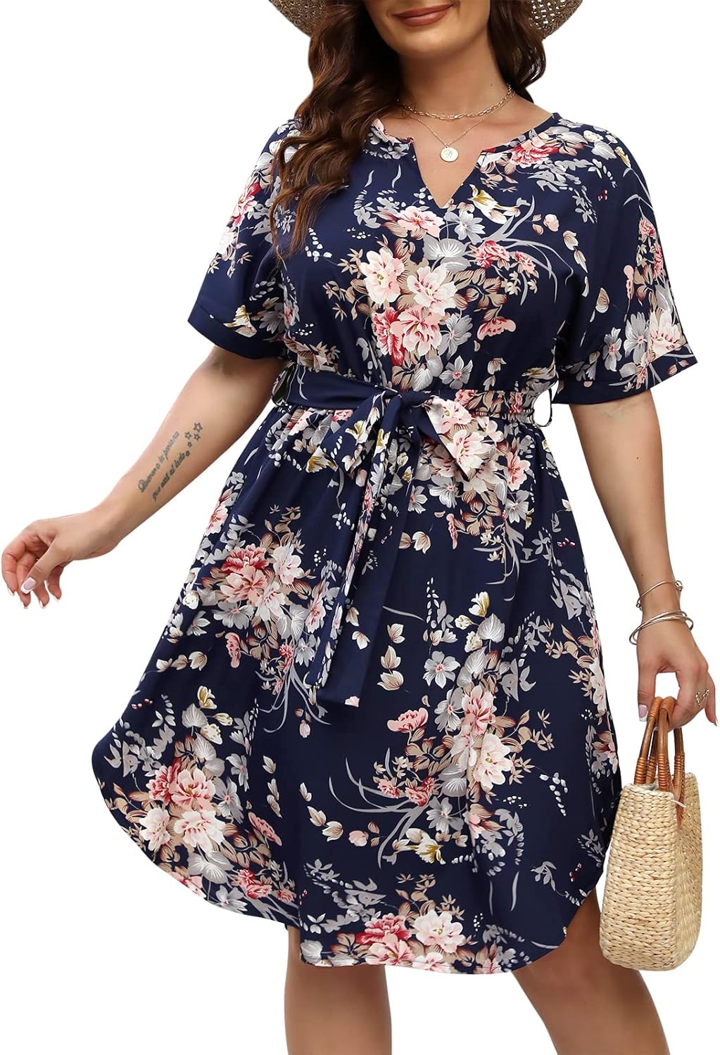 Nemidor Plus Size Casual Dresses for Curvy Women Summer Boho Floral Print Swing Midi Dress with Pockets 14-26