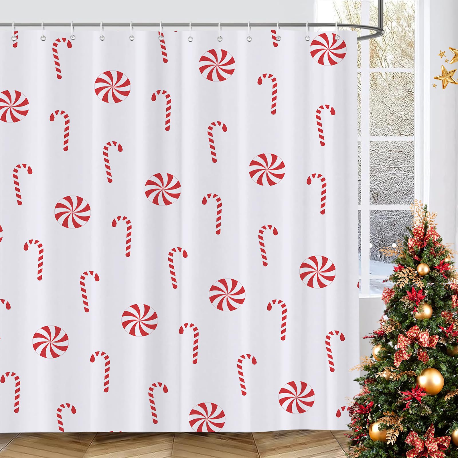 Qucarder Christmas Shower Curtain Candy Cane Christmas Holiday Bath Curtain Waterproof Shower Curtains for Bathroom Decor 180x180cm
