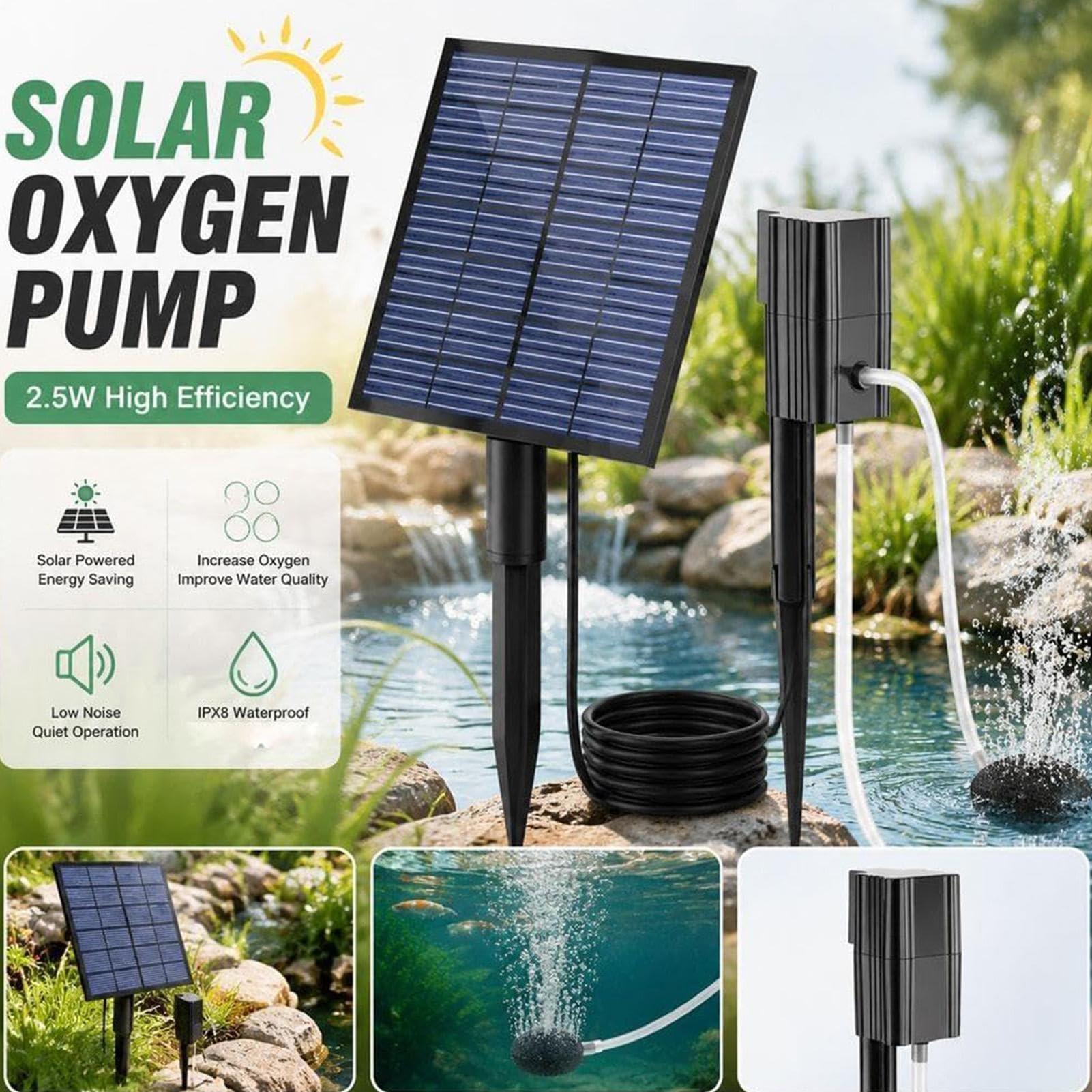 Napowietrzacz do oczka wodnego 2,5 W, przenośny, cichy dyfuzor do akwarium | Zasilana energią słoneczną pompa do ogrodu, na taras, podwórko, basen, ptaki, ryby, kwiaty, donice, do domu