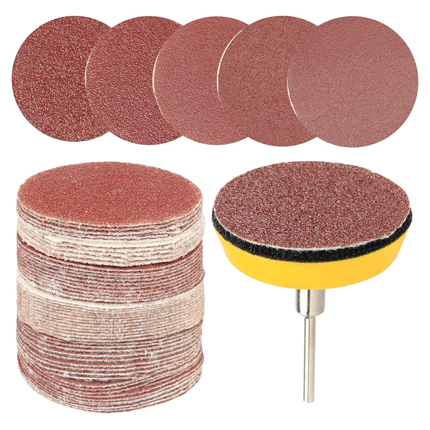 Yakamoz 50Pcs 2 Inch Rotary Sanding Disc Sander Pads Sandpaper Kit with 1/8 Inch Shank Hook and Loop Sanding Backing Pad Holder Plate for Dremel Drill Grinder Rotary Tool