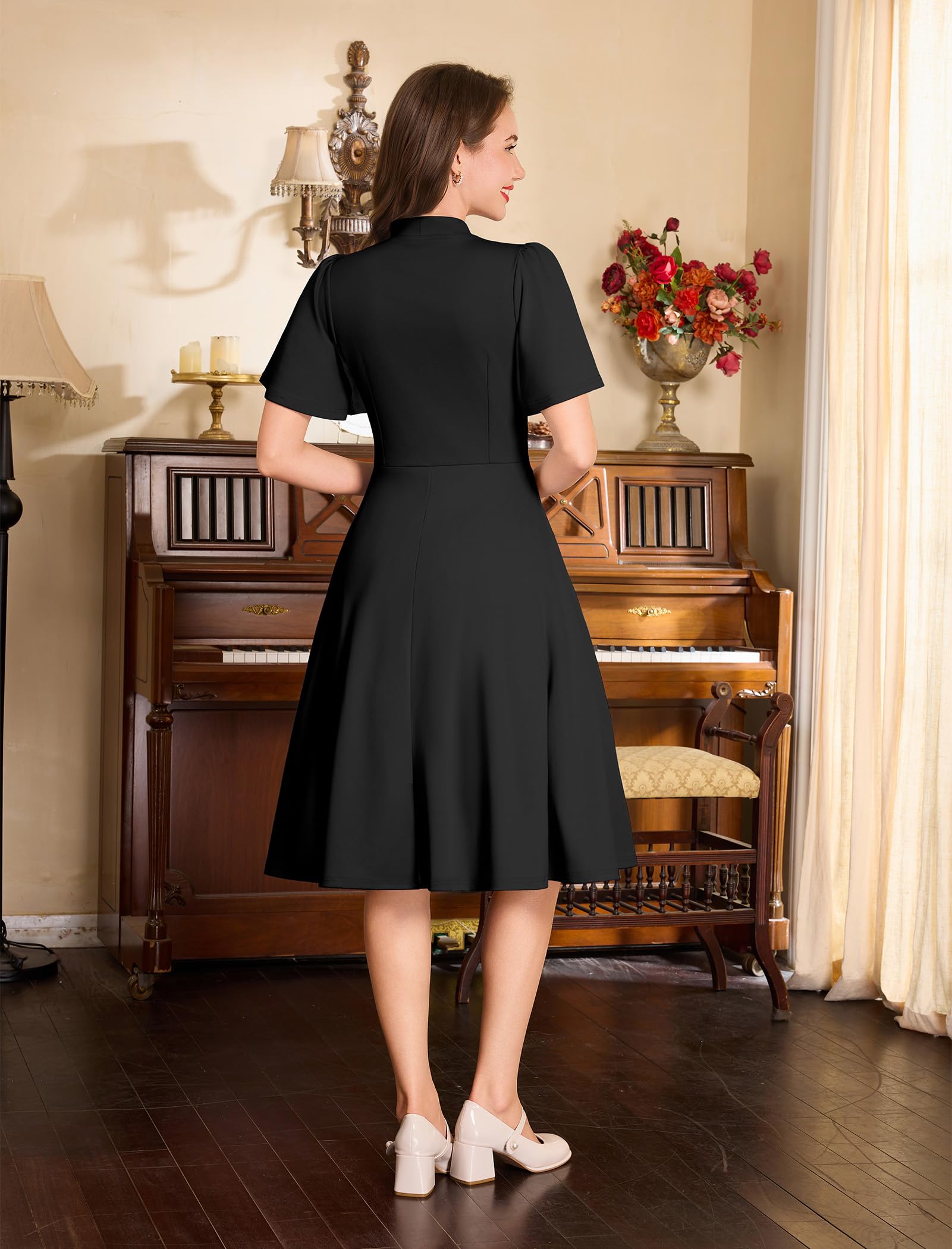 OMEWEE 1950er Vintage Retro Cocktailkleid Damen Elegant Knielang Rockabilly Kleider Krawatte Hals Kurzarm festliches Kleid A-Line Swing Hochzeit Business Kleid Abendkleid Partykleid