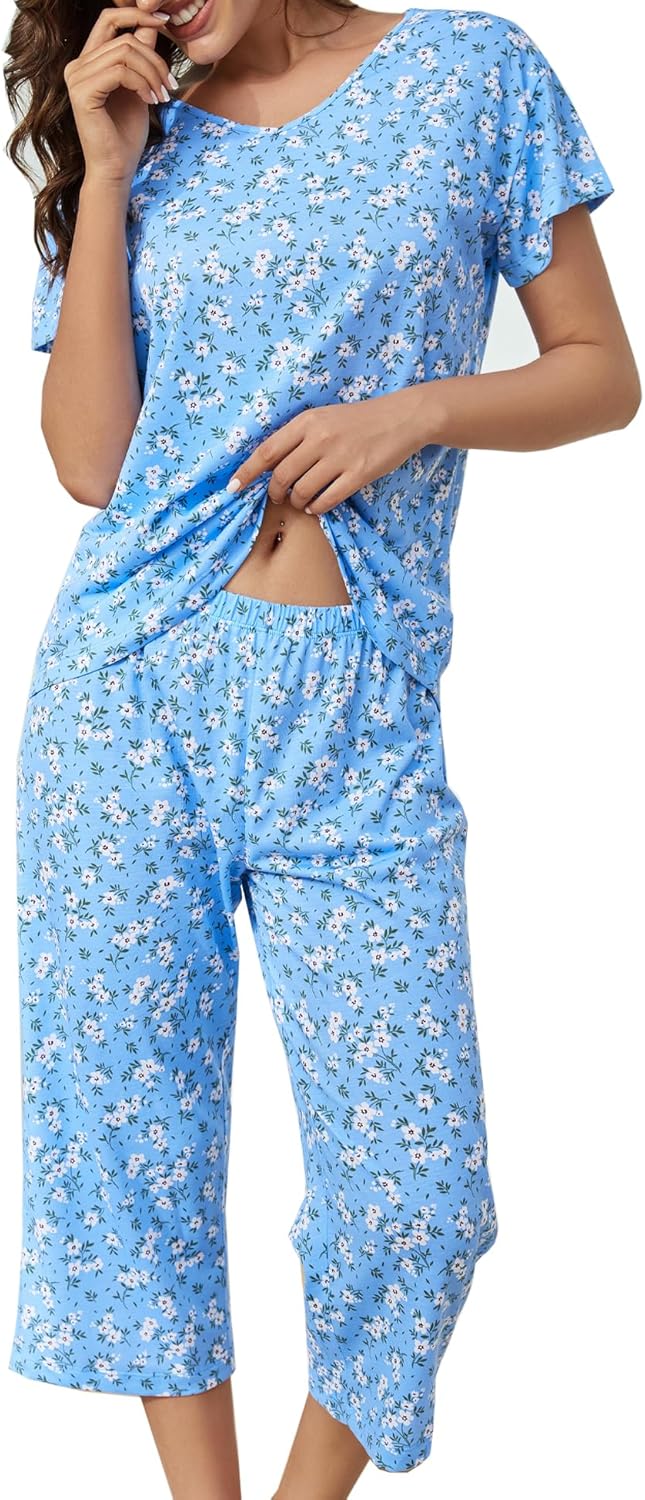 ENJOYNIGHT 2 Pack Womens Pajama Sets Cotton Short Sleeve Top with Capri Pants Summer Pjs Sleepwear - Image 2