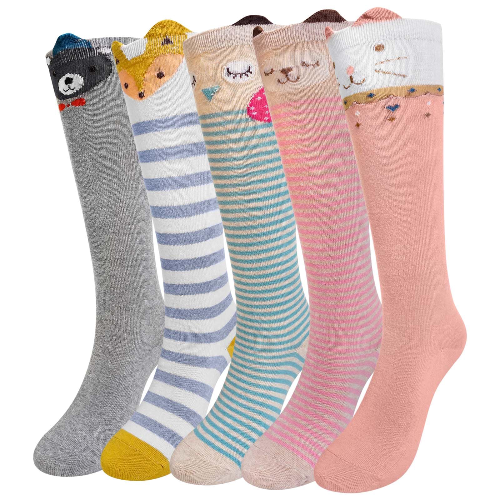 LOFIR Mädchen Kniestrümpfe Kinder Socken: Overknee Strümpfe Lang Gestreift Kindersocken Tier Baumwolle Socken Bunt Ringelsocken Lustige Ohne Naht Kniesocken Geschenk 2-12 Jahre 23-38 5 Paar