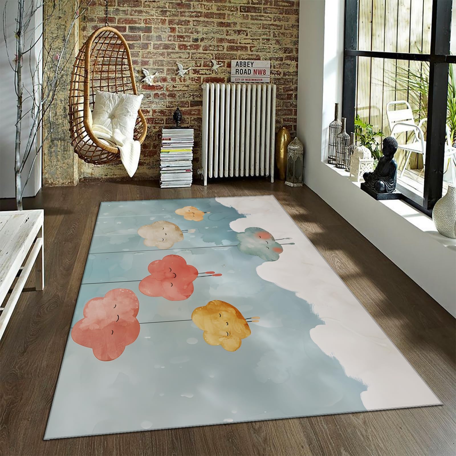 Tapis de dessin animé lavable 160x200cm avec motif nuage abstrait et revêtement antidérapant
