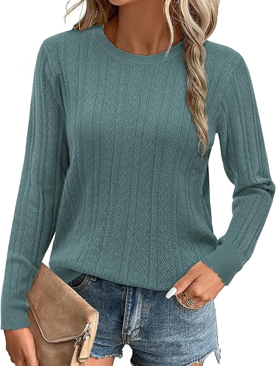 Arach&amp;Cloz Women's Summer Fall Scalloped Lace Cuff Crewneck Tops Textured Shirts