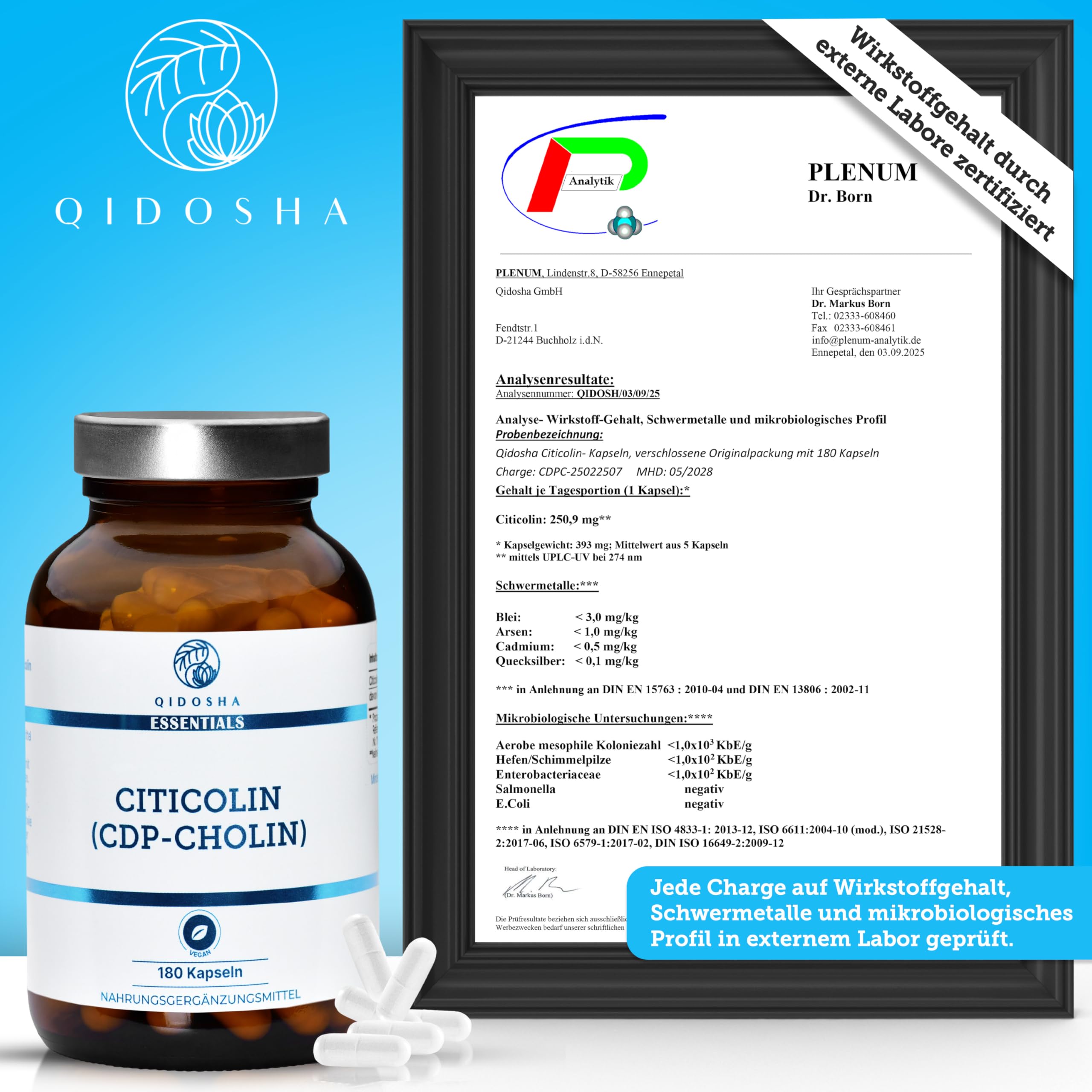 QIDOSHA® CDP Cholin (Citicolin) Kapseln, 180 Kapseln im Apothekerglas, volle 250mg Citicolin/CDP Cholin je Kapsel, vegan, laborgeprueft, deutsche Fertigung, Citicoline CDP Choline 250mg