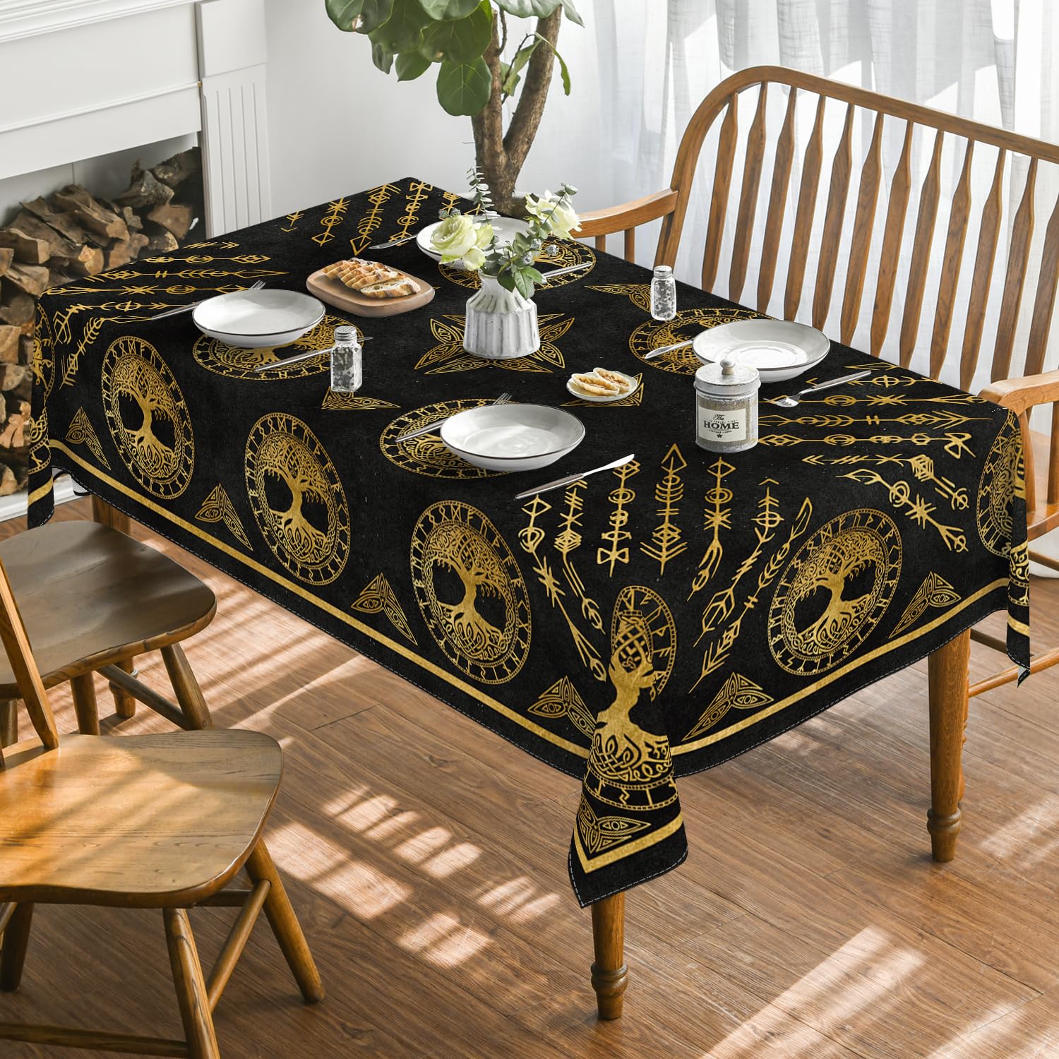 Tovaglia Rotonda Artoid Mode 120 Cm: Design Vichingo Con Albero Della Vita E Rune, Poliestere Antimacchia Per Tavolo Da Pranzo, Decorazione Festa A Tema