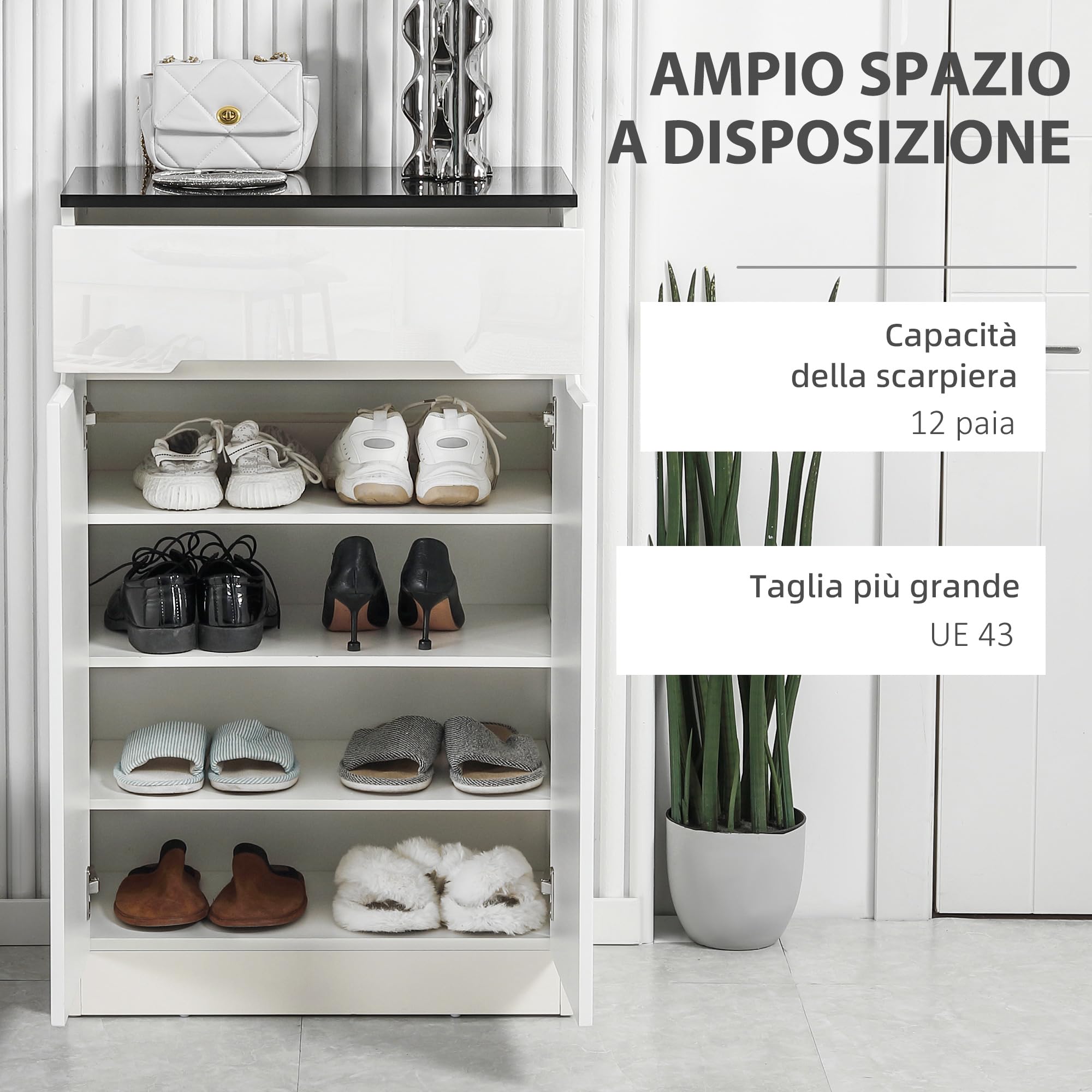 HOMCOM Scarpiera Slim 12 Paia 3 Ripiani Regolabili 60x32x100 cm Bianco
