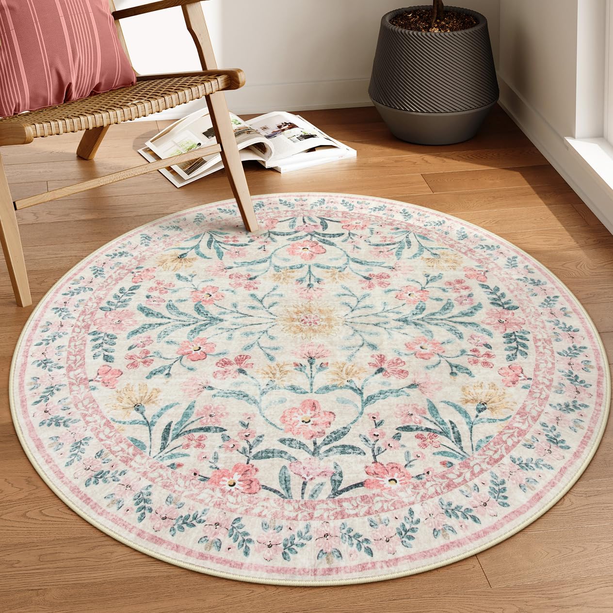 Lahome Boho Light Pink Round Rug 4ft, Washable Small Circle Rugs for Bedroom, Pink and Green Nursery Circular Carpet Girl, Soft Non-Slip Round Carpet for Kids Sunroom, Blush 4' (Round) Blush