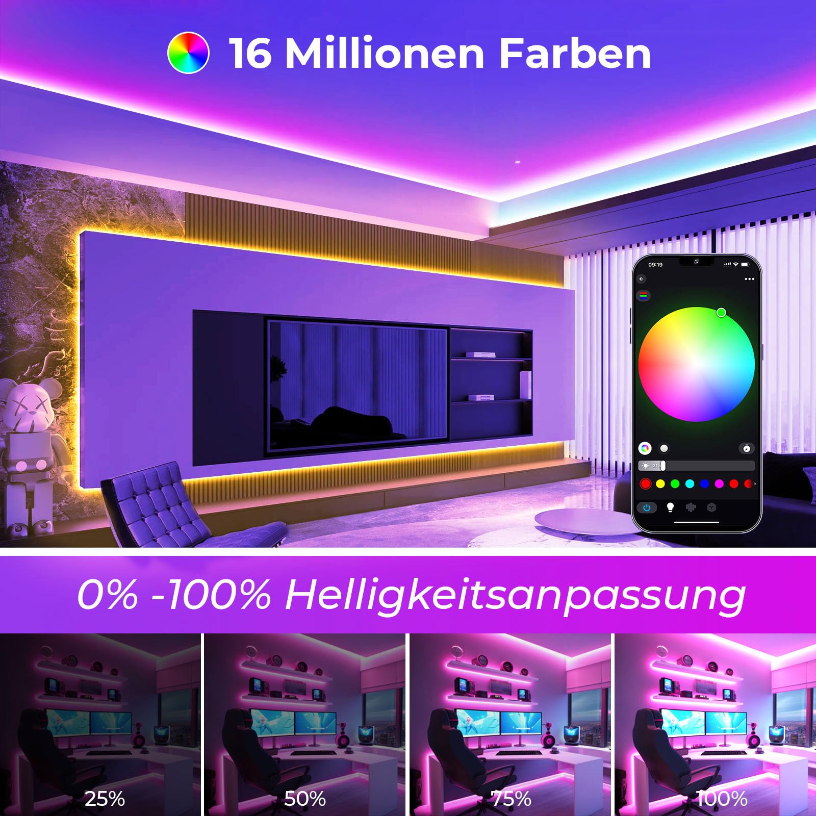 10M COB LED Streifen Alexa Kompatibel, Punktfreie Smart RGB LED Band Musik Sync, WiFi LED Lichterkette für Gaming & Wohnzimmer, 576 LEDs/M, 16 Mio. Farben, Arbeitet mit Google Home