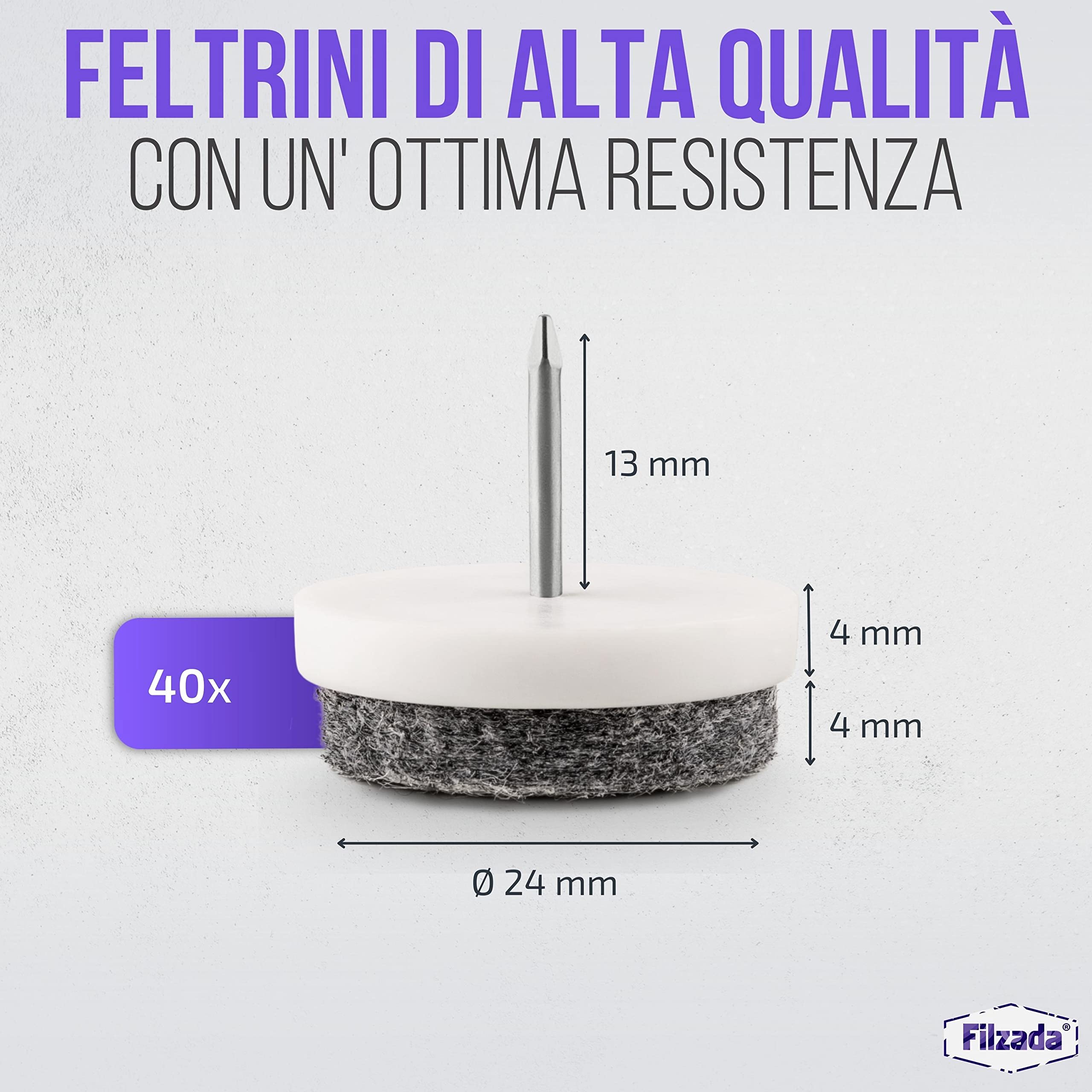 Filzada® 40x Feltro aliante con chiodo - Ø 24 mm (bianco) - Scivoli per mobili professionali/scivoli per sedie in feltro da inchiodare