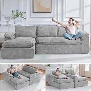108" Cloud Couch Sectional,Chenille Compressed Modular Sectional Sofa with Deep Seat Chaise,Boneless Couches for Living Room,L Shaped Couch,Memory Foam,No Assembly Required,Memory Foam,Light Grey | No Assembly Required