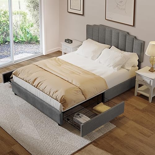 IKAYAA Base de cama Queen tapizada con cabecero y 2 cajones de almacenamiento, cama moderna de tamaño Queen, no necesita somier, listones de madera,