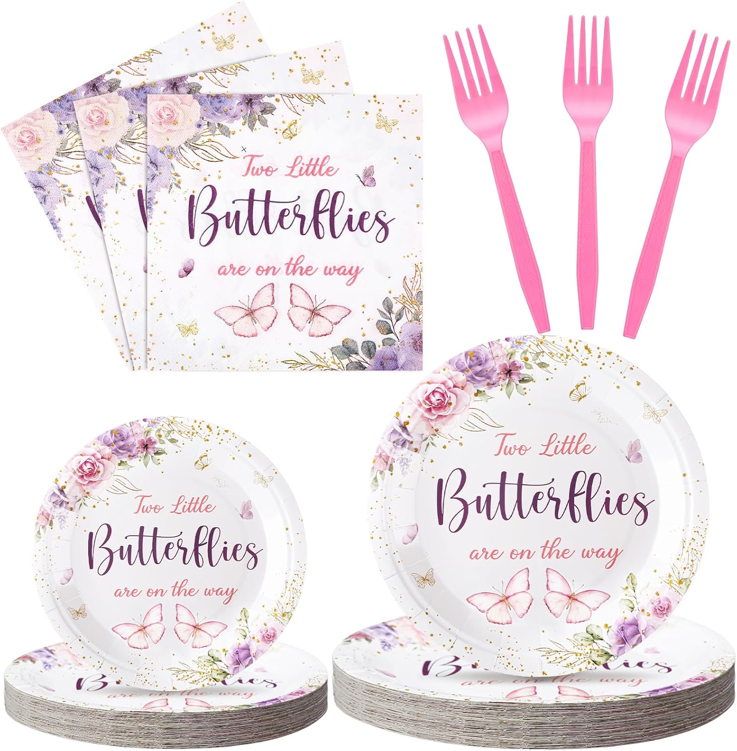 Zhehao 96 Pcs Two Little Butterflies Are on The Way Twins Baby Shower Decorations Butterfly Paper Plates Napkins Cups Knifes Forks Spoons Twins Disposable Tableware Set for Boy Birthday Party Supplies