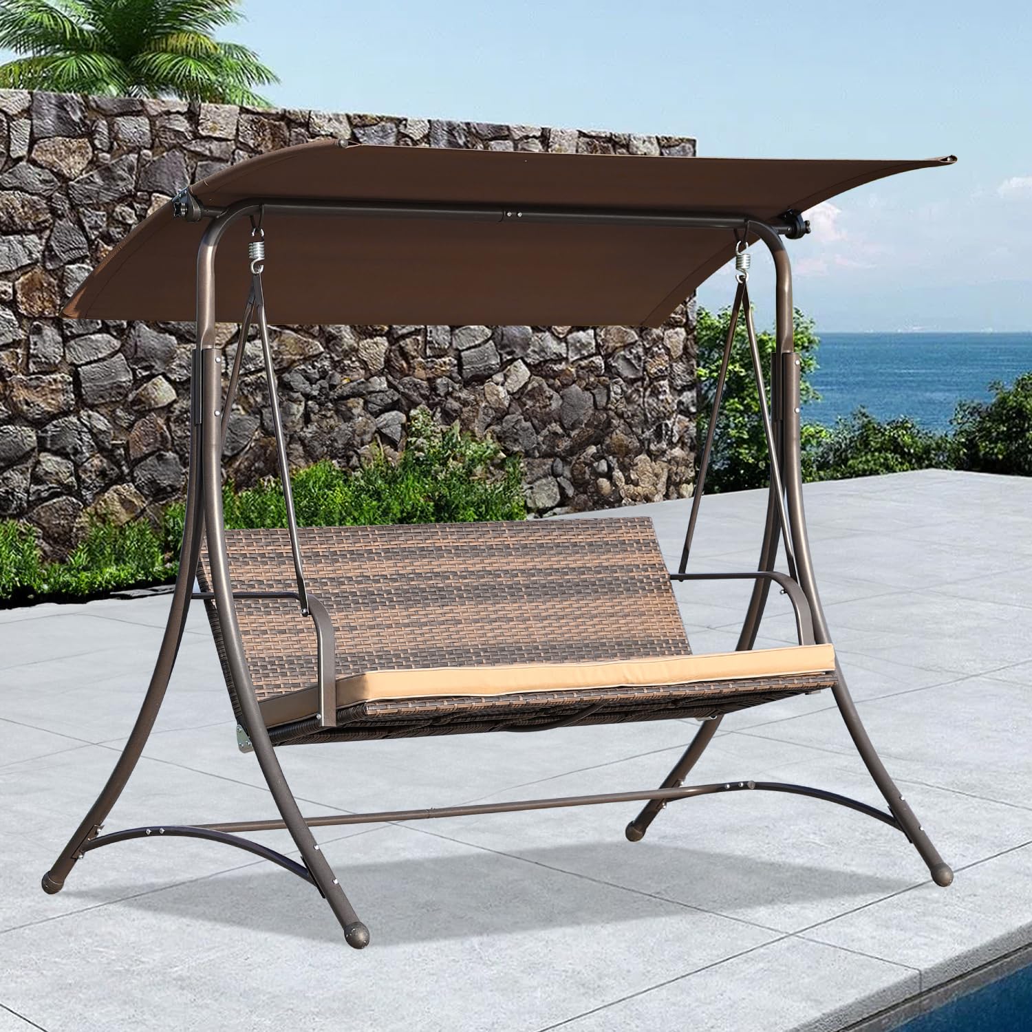 Angel Living Hollywoodschaukel Gartenschaukel Rattan 3-Sitzer mit Sonnendach und Sitzbezug170 x 110 x 157 cm (Braun)