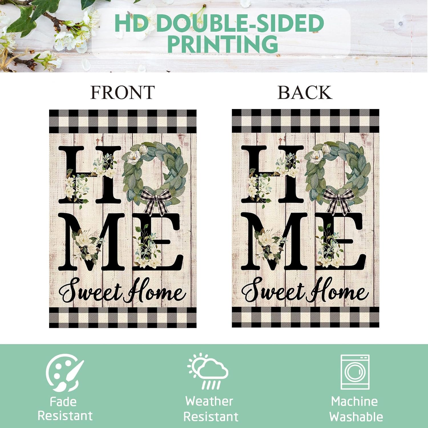 ORTIGIA Summer House Flag Burlap Vertical Double Sided 28 x 40 Inch Home Sweet Home Magnolia Large House Flag Spring Farmhouse Rustic Buffalo Check Plaid Home Front Yard Patio Outside Outdoor Decor - Image 5