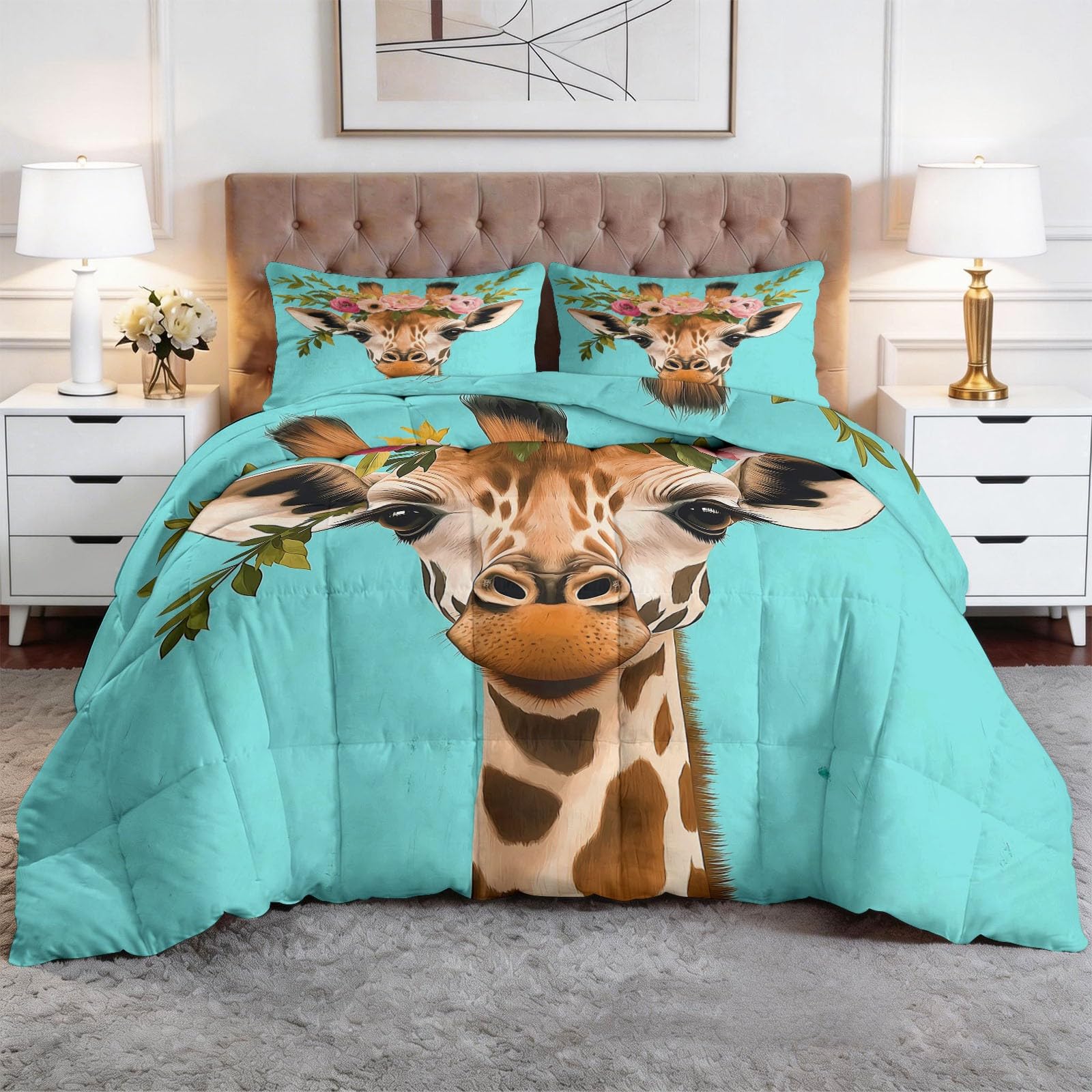 CozyRest Edredon Relleno nordico Cama Infantil Algodón - Jirafa Estilo Bohemio Cama 105 - Bebe rellena Juego de Manta 200x200 cm con Almohada 50 x 75 cm por niños e niñas Turquesa