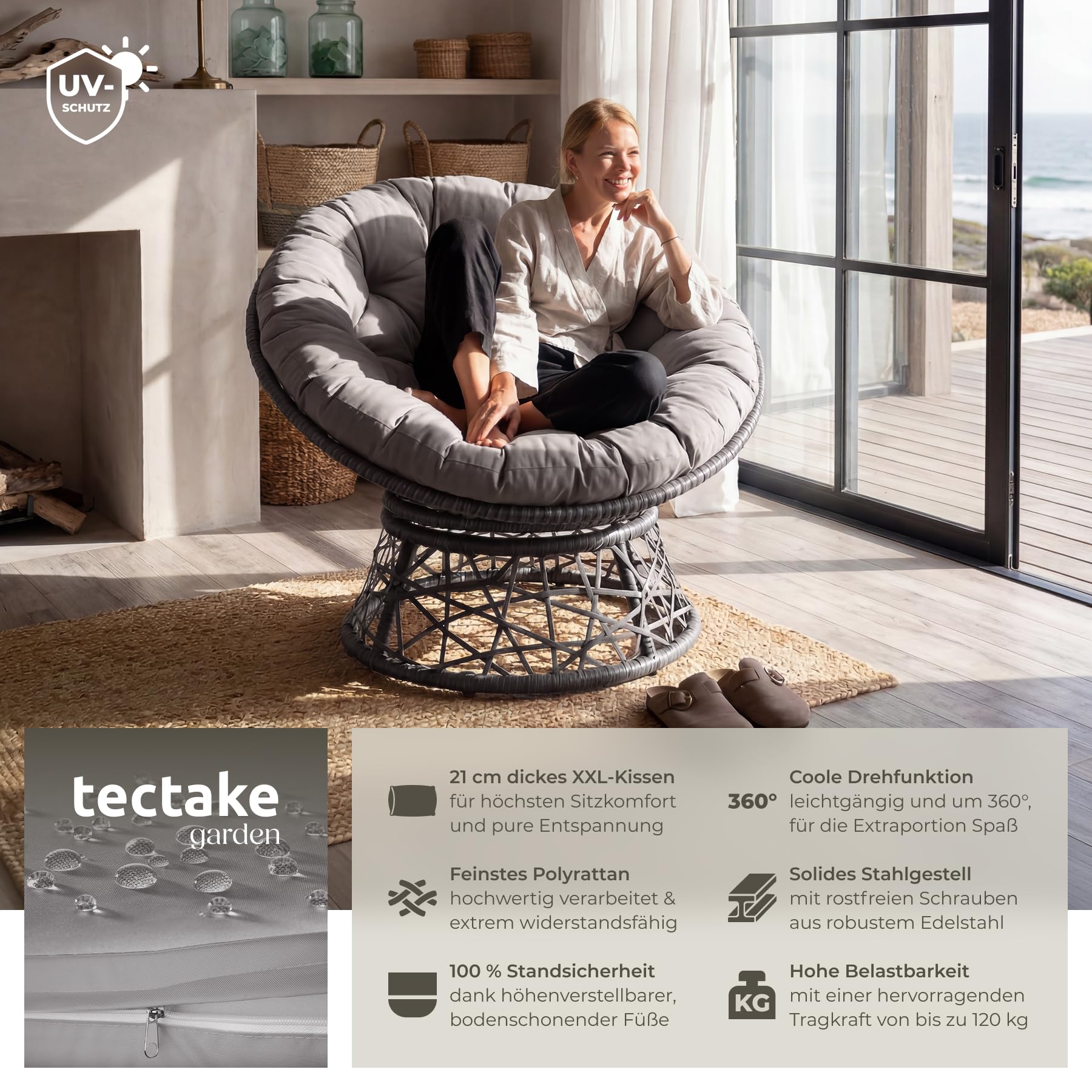 tectake® Papasansessel, gemütlicher Drehsessel mit Kissen rund, bequemer Rattansessel, Loungesessel drehbar, runder Relax Korbsessel Rattan für Wohnzimmer, Leseecke, Lounge - grau