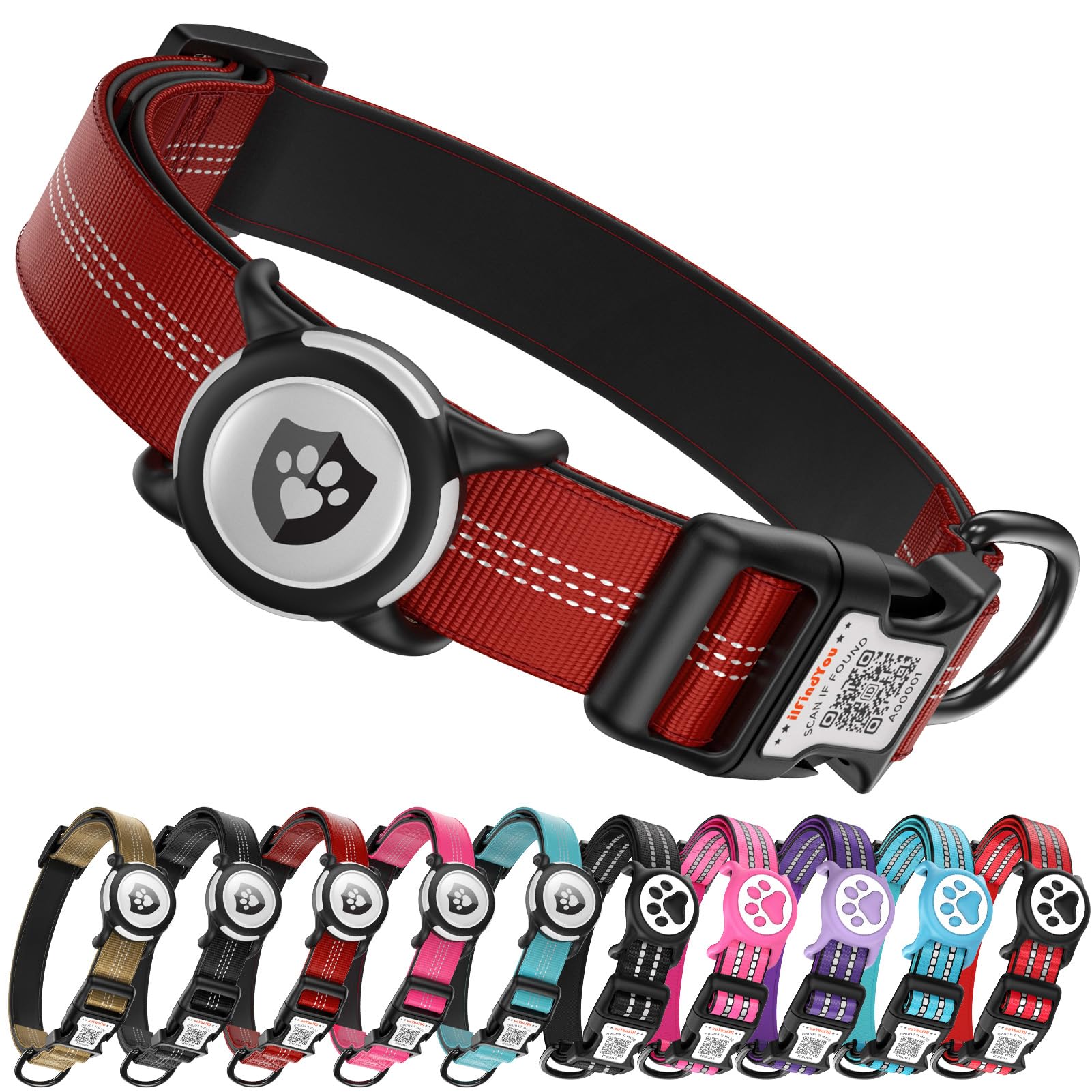 ILFindYou Waterproof AirTag Dog Collar with QR Code Dog Tag, Burgundy L