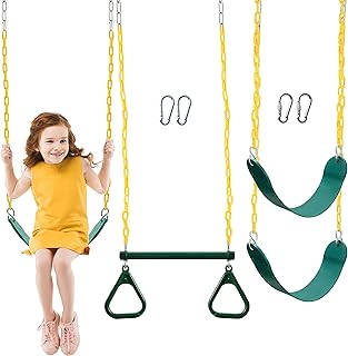 TURFEE 3 Pack Assorted Swing Set, Including 1 Gym Rings Trapeze Swing Bar and 2 Pcs Swings with Plastic Coated Chain, Swing Set Accessories Replacement for Kids Outdoor Play, Playground- Green