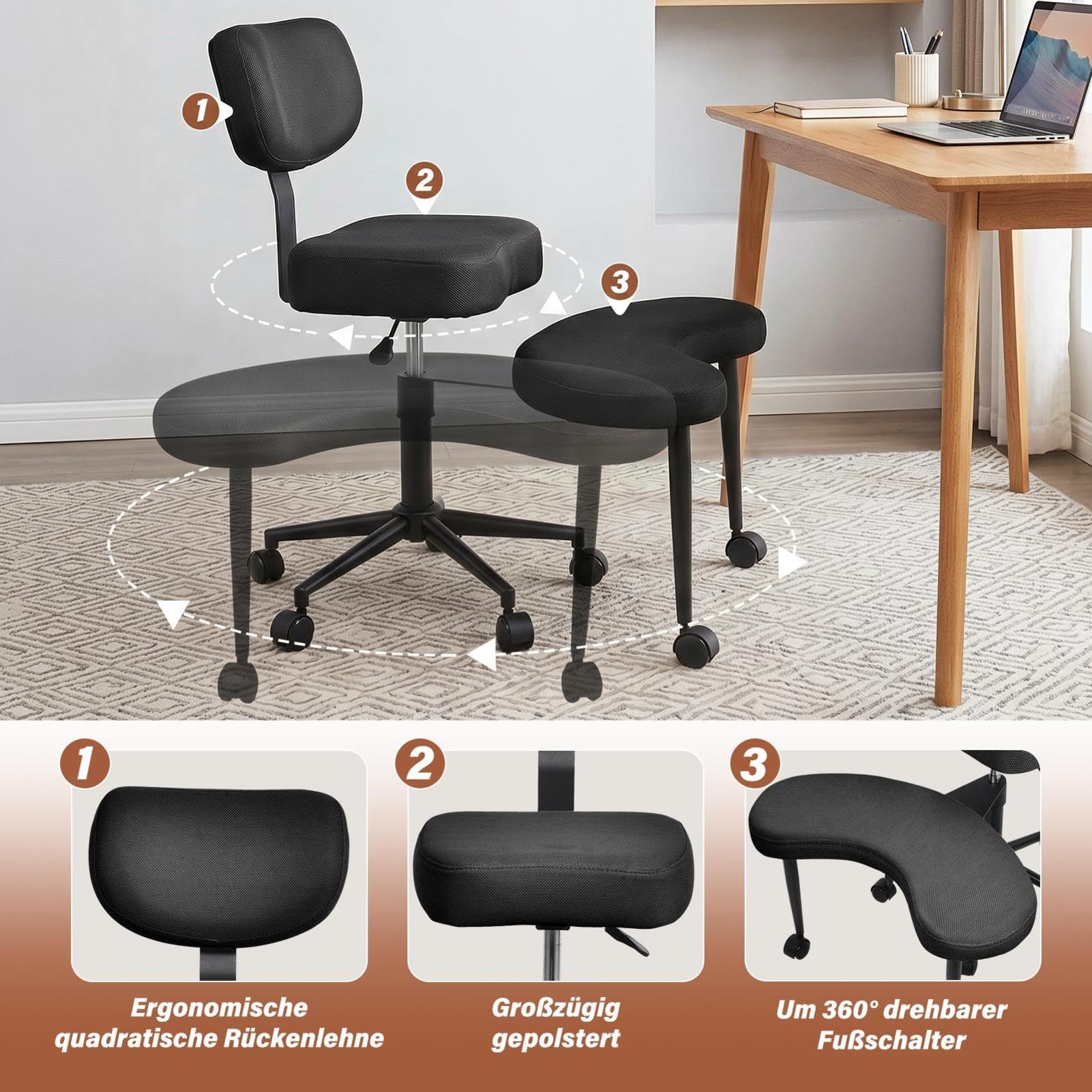 Meditationsstuhl, Crosses Legged Chair with Wheels, Yogastuhl ADHD Stuhl Mit Lendenwirbelstütze Und Verstellbarem Neigungswinkel, 47–59cm Einstellbare Höhe for Home and Offices