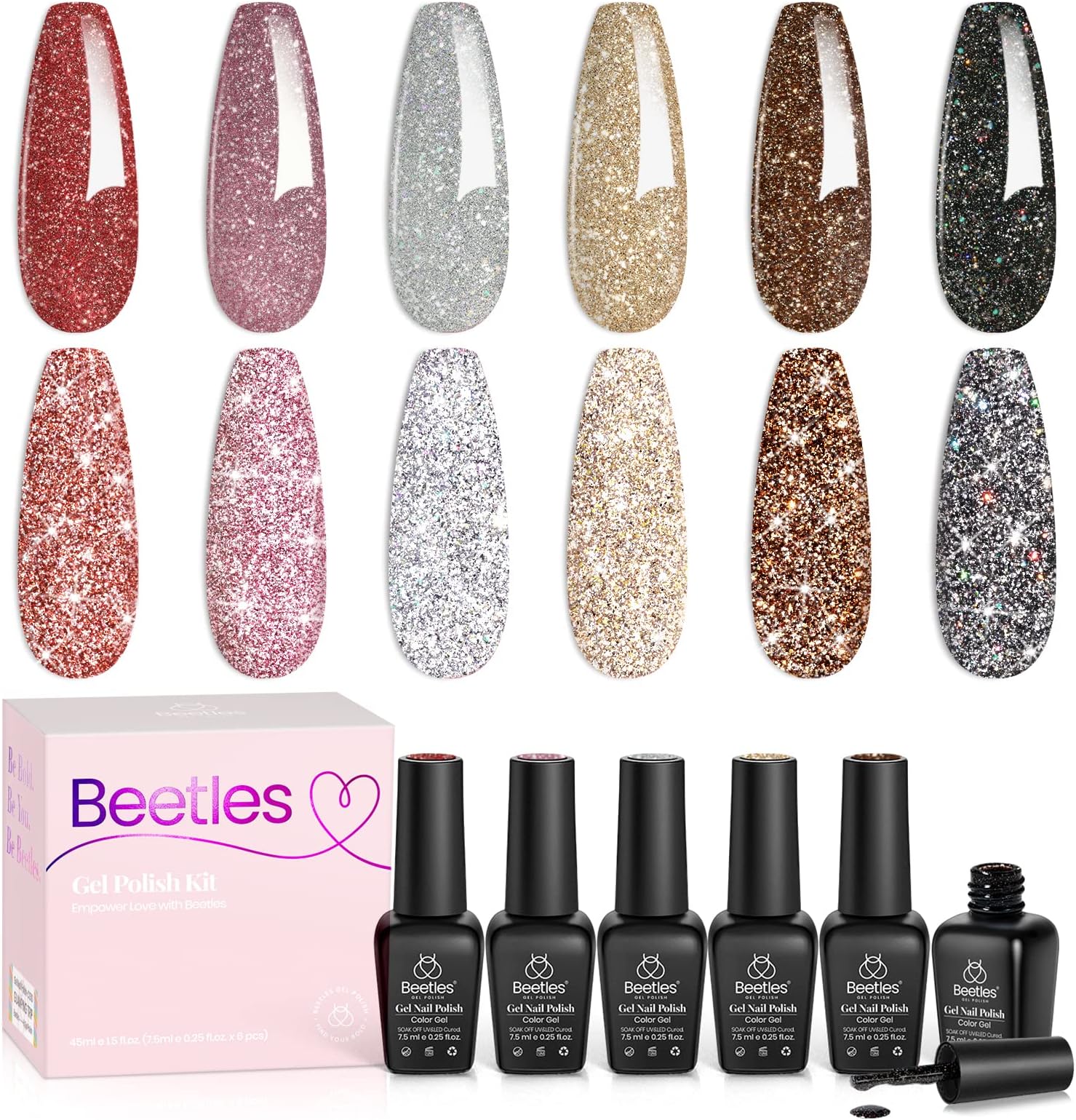 Beetles Glitter Gel Nail Polish, 6 Colors Holographic Sparkle Glitter Gel Polish Flash Diamond Sliver Gold Red Black UV LED Soak Off Manicure Gift for Women