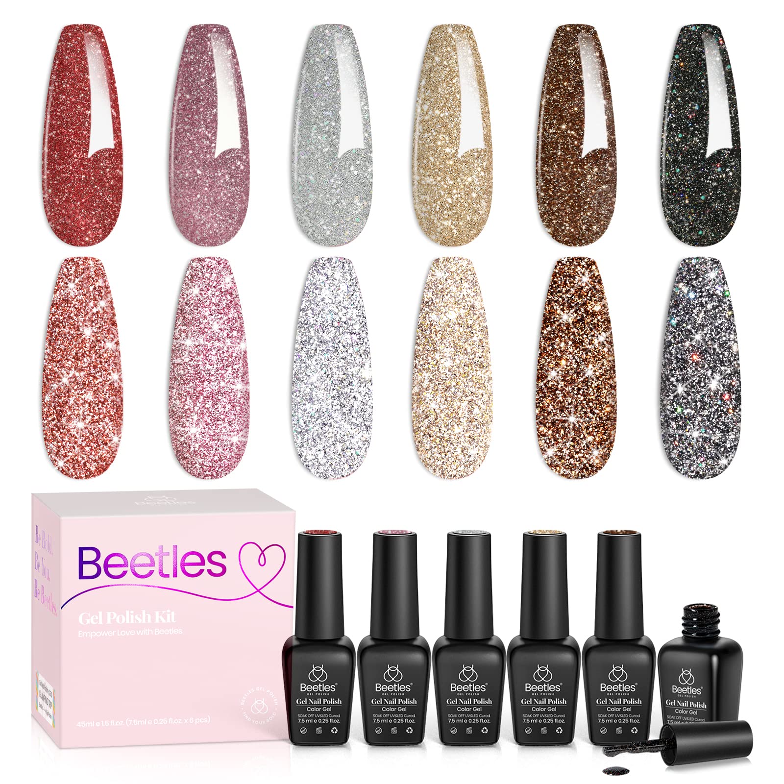Beetles Glitter Gel Nail Polish, 6 Colors Holographic Sparkle Glitter Gel Polish Flash Diamond Sliver Gold Red Black UV LED Soak Off Manicure Gift for Women