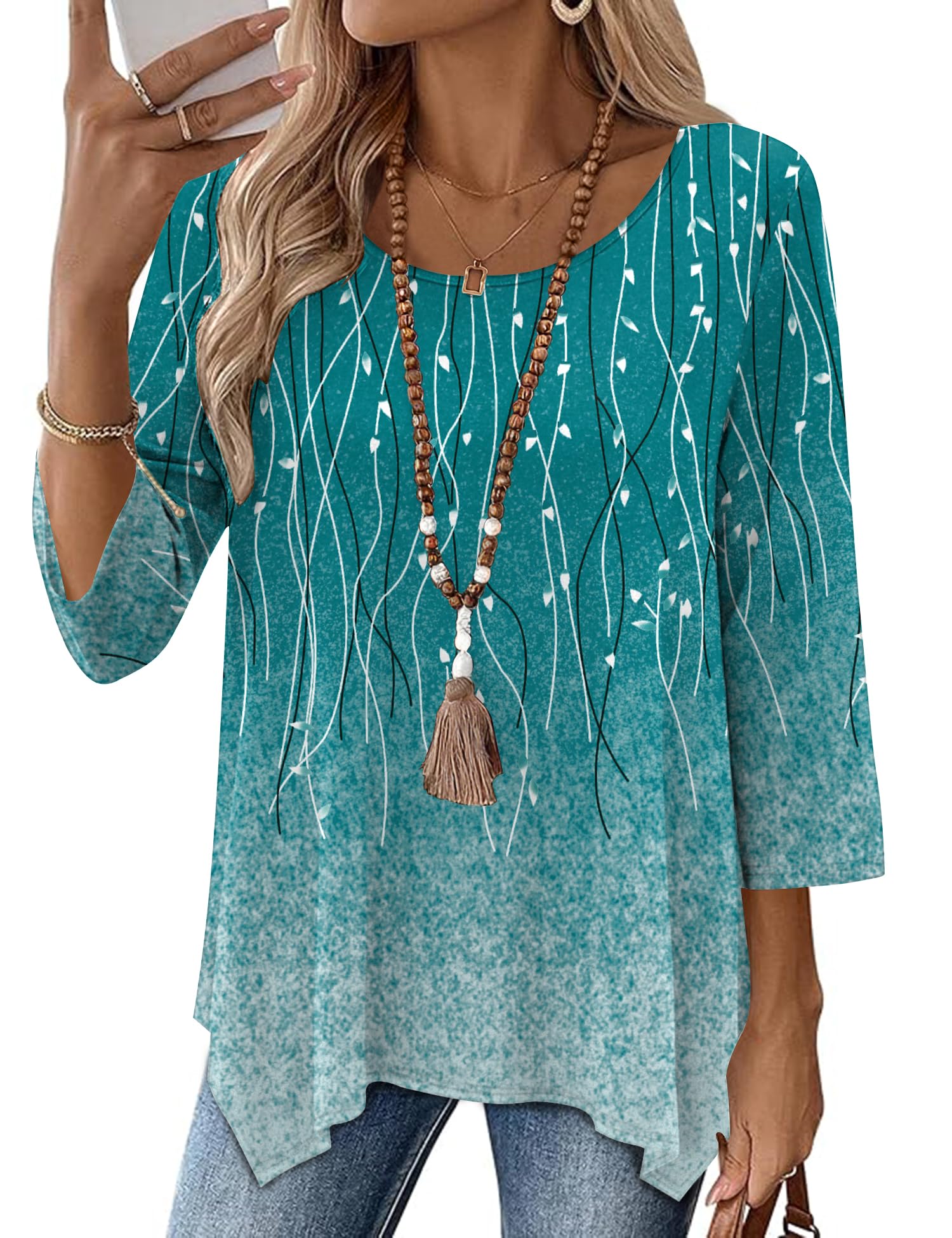 AKEWEI 3/4 Length Sleeve Womens Tunic Tops Loose Fit Blouses Dressy Casual Crew Neck Tees S-2XL Blue Wicker 3X-Large
