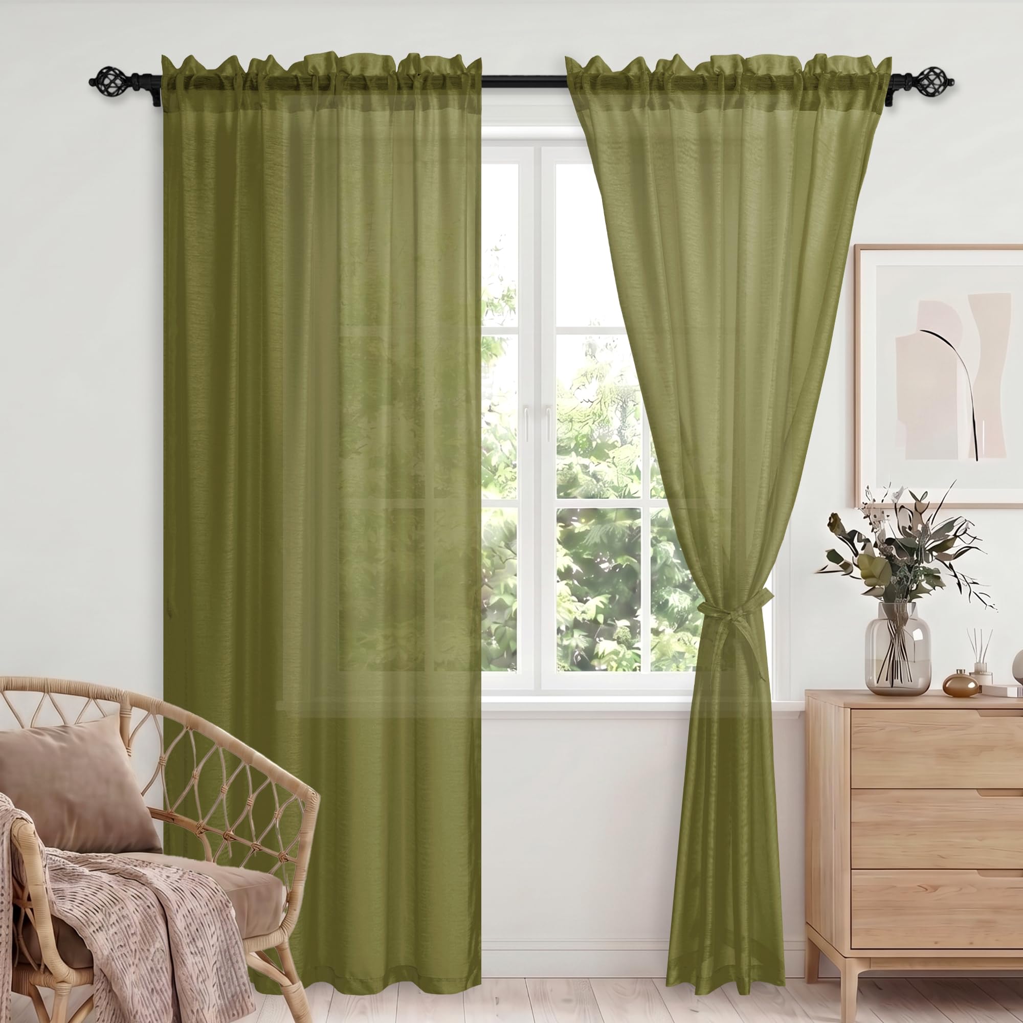 DWCN Light Filtering Net Curtains Rod Pocket with Tiebacks, Green Voile Curtains Lightweight for Bedroom Kitchen Cafe, Christmas Decorative Green Semi Transparent Sheer Curtains 56x81 Inch 2 Panels
