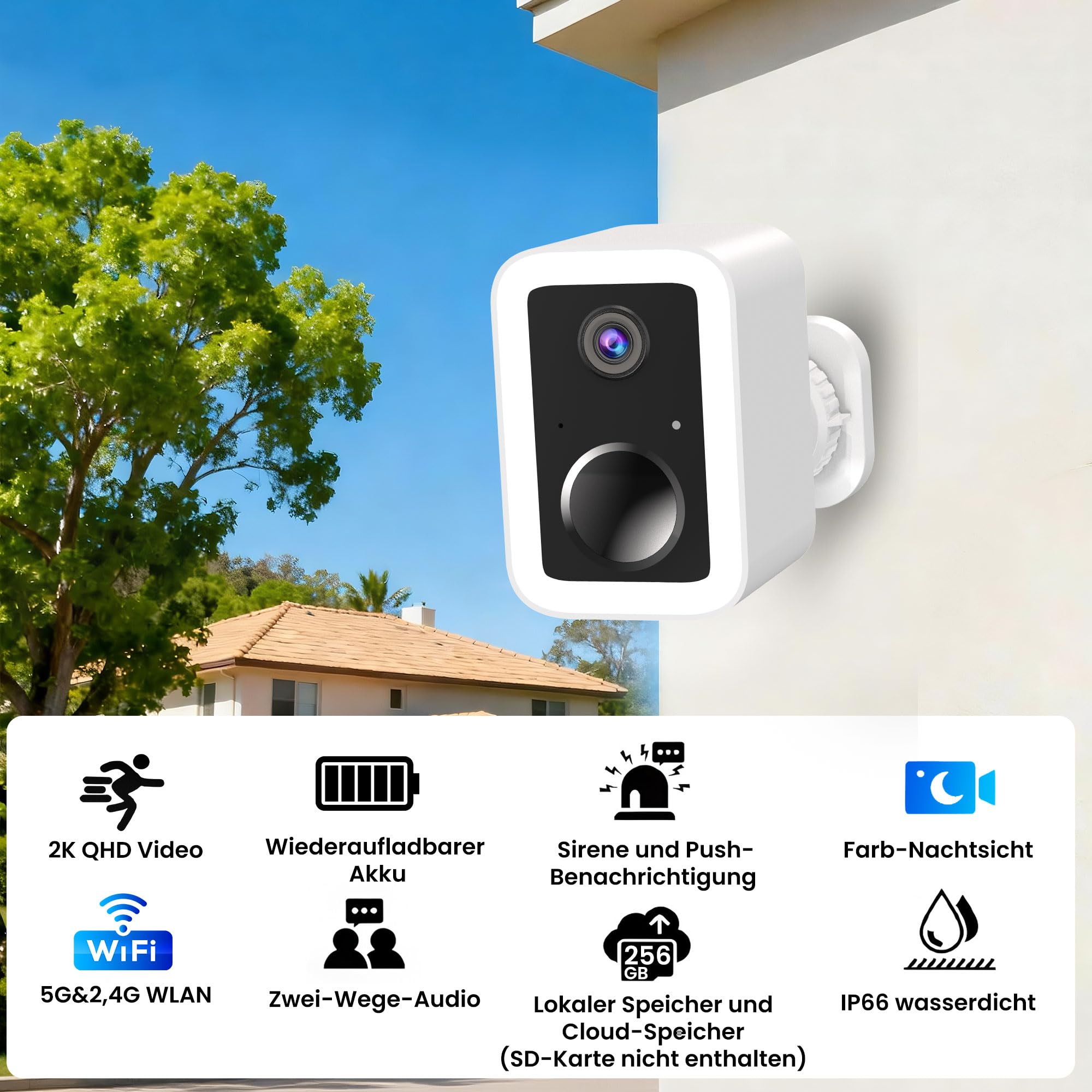 Funstorm 2K WLAN Überwachungskamera Aussen mit Akku, Dualband WLAN 2.4/5GHz | Kabellose Smart PIR Bewegungsmelder Flutlicht & Sirene, Lokaler Speicher & Cloud, IP66 Wasserdicht