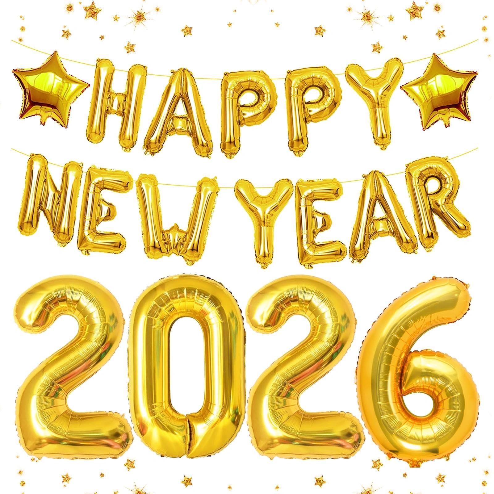 Upgraded, Large 32in 2026 Balloons +16in Happy New Year Banner Balloons (Premium Gold Foil), Ideal New Years Eve Party Supplies 2026, with Star Balloon, NYE Balloon, Perfect for NYE Decorations