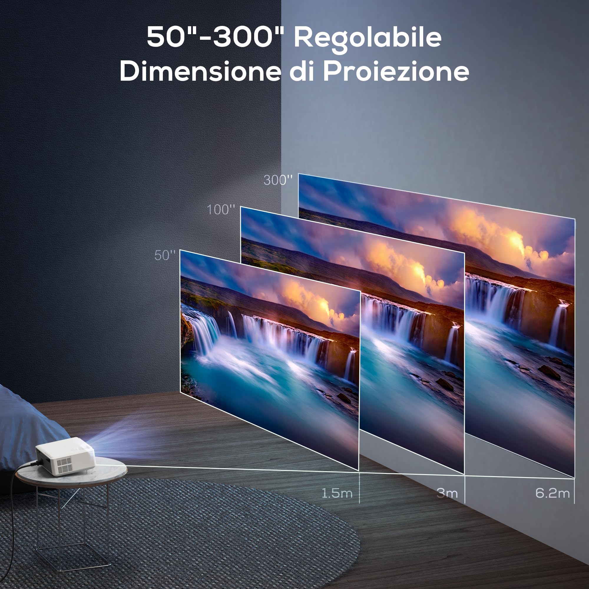 Proiettore 4K AKIYO 20000 Lumen WiFi 6 Bluetooth Full HD 1080P Outdoor Projector Funzione Zoom, Display 300 Pollici per Home Theater, Compatibile con TV Stick/HDMI/USB/iPhone/Android