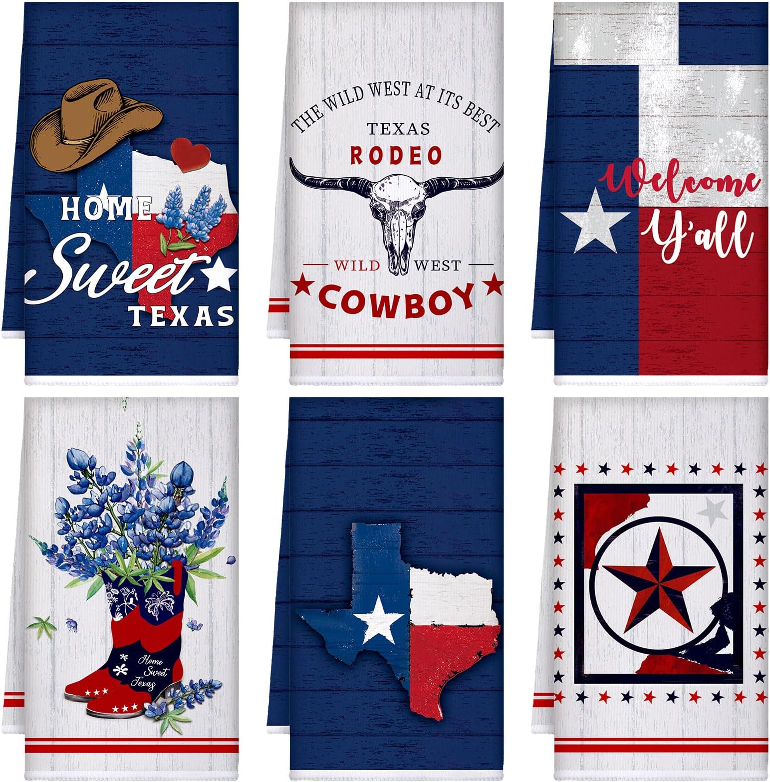 6 Pcs Texas Patriotic Kitchen Towels, 4th of July Red White Blue Dishcloth Cowboy Texas Souvenirs Theme Absorbent Hand Towels 250th for Independence Memorial Day Home Decor