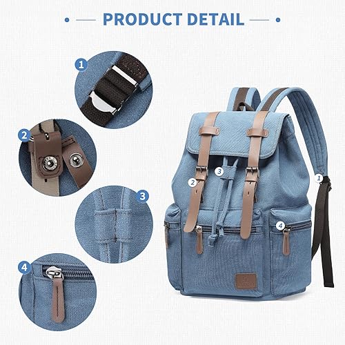 Miniatura 5 de Mochila de lona vintage para hombres y mujeres, mochila casual duradera, apta para la universidad, trabajo, viajes y al aire libre, Azul, Mediana