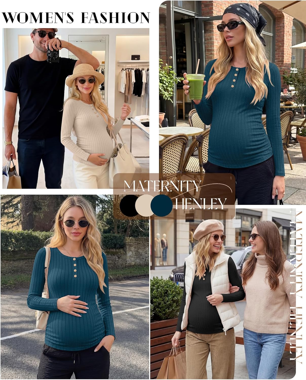 3 Pack Women's Maternity Shirts Henley Long Sleeve Thermal Pregnancy Sweater Ribbed Warm Crew Neck Tops Winter - Image 2