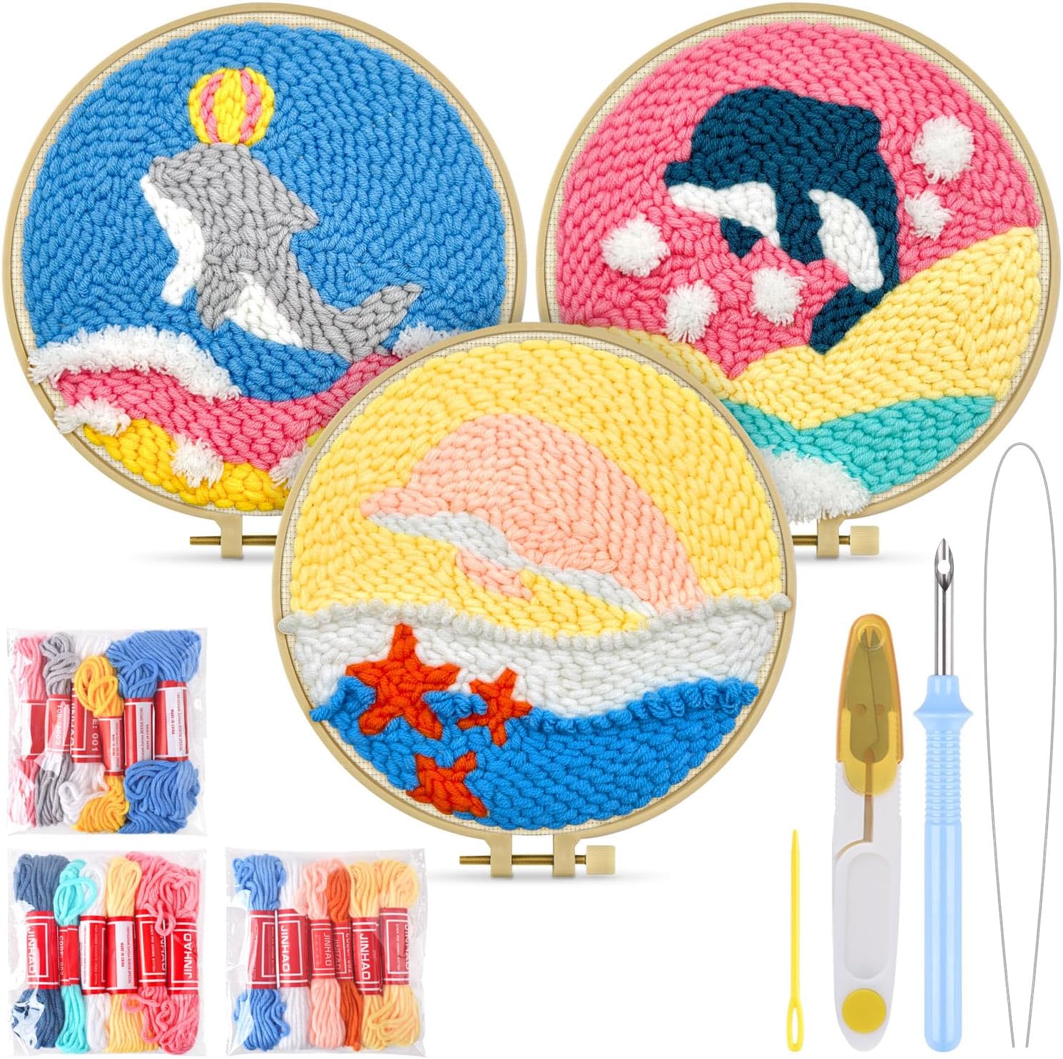 TINDTOP Punch Needle Kits, 3 Pack Punch Needle Embroidery Kits for Adults Beginner, Tool with Punch Needle Fabric, Hoops, Yarns and Sewing Needles (Dolphin)