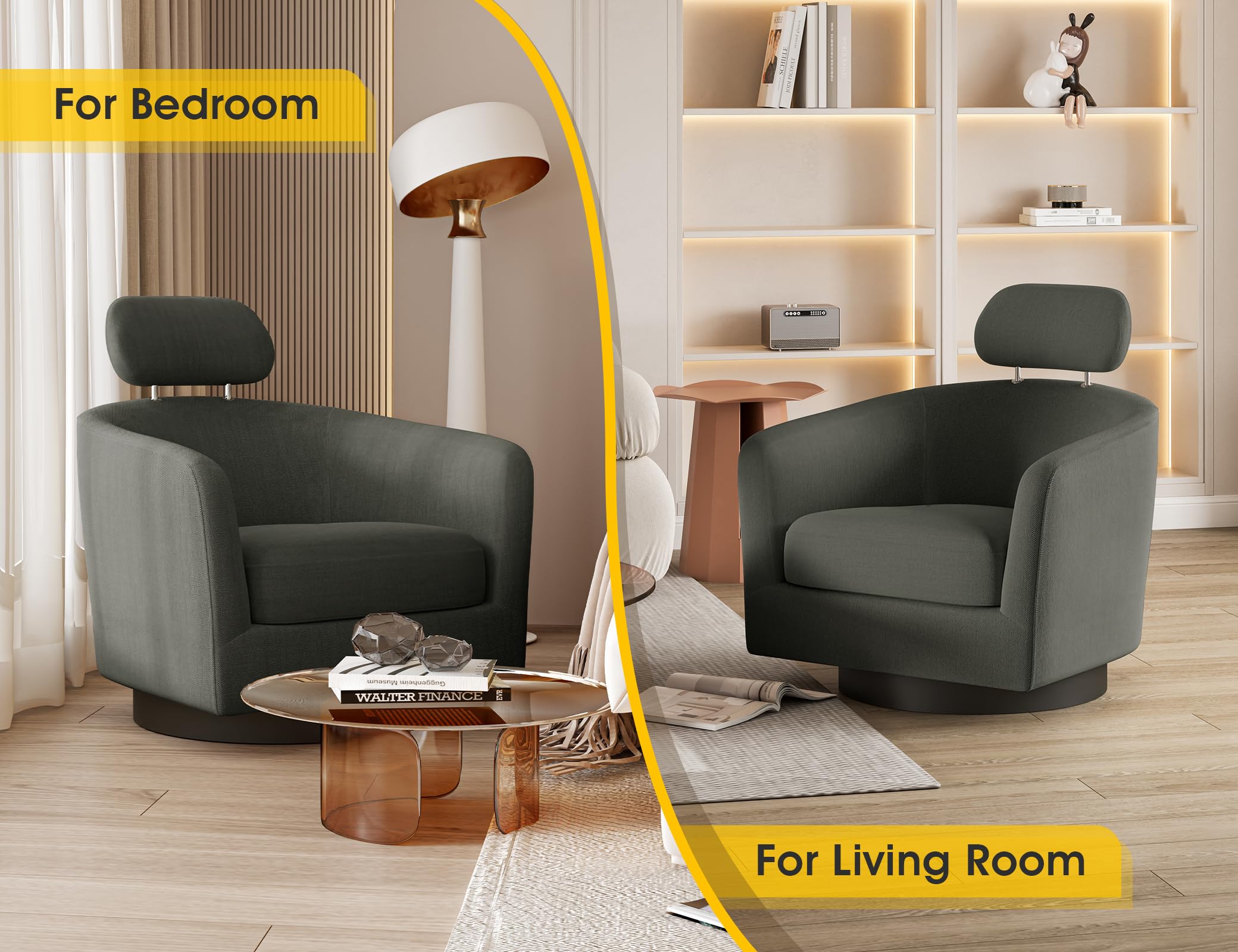 Dewhut Mid Century 360° Swivel Accent Chairs, Cuddle Barrel armchairs Spinning Chair, Round Armchairs with Wide Upholstered, Fluffy Linen Fabric Chair for Living Rooms, (Grey)