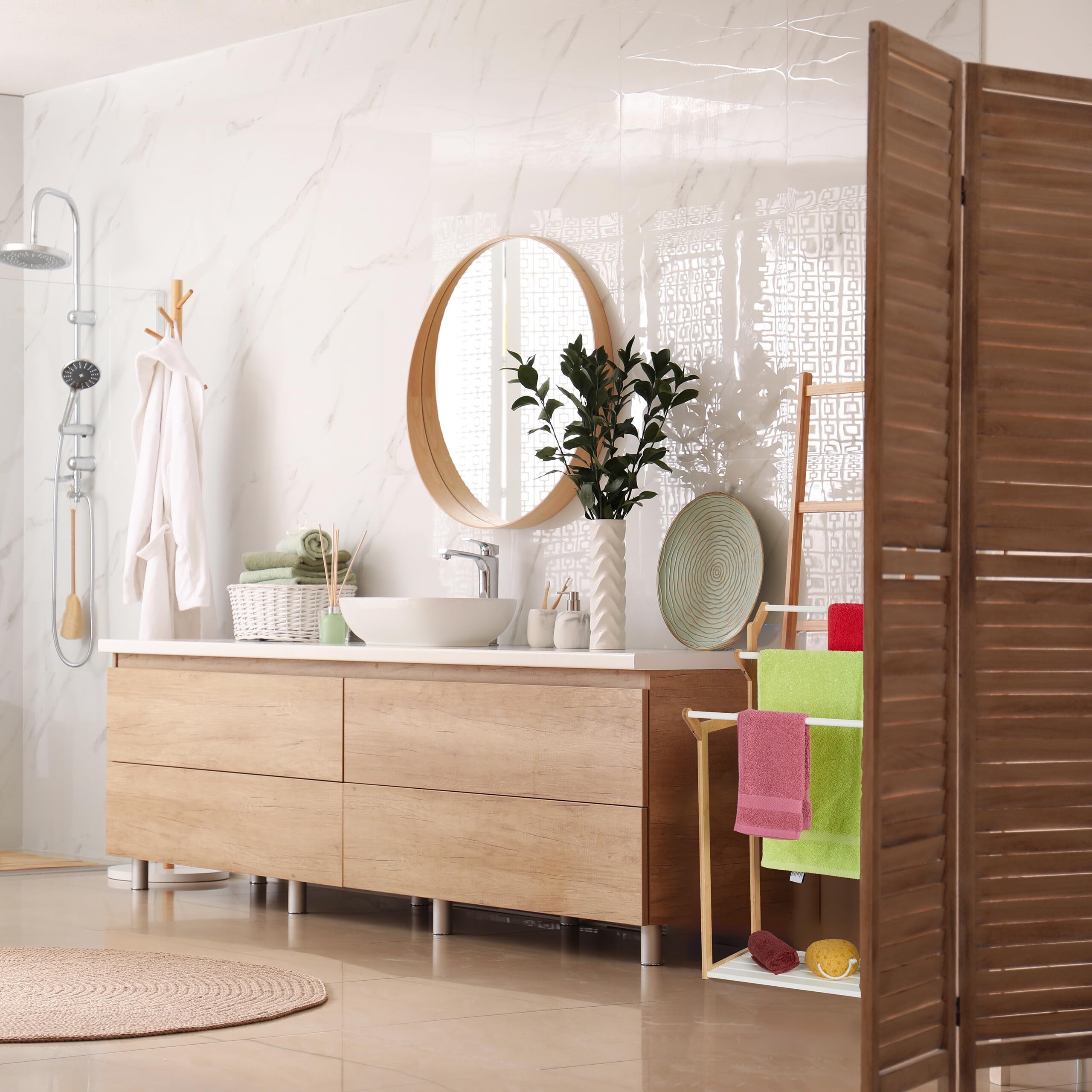 Porta Asciugamani Da Terra In Bambù - 3 Bracci, 2 Ripiani, Design Naturale, Per Bagno O Camera - Foto 4